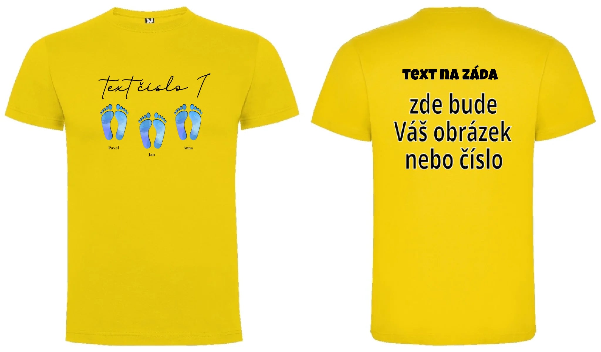 CHLAPECKÉ TRIČKO s motivem NAŠE STOPY (vložíte jména) oboustranný potisk chlapecké DOGO Žlutá