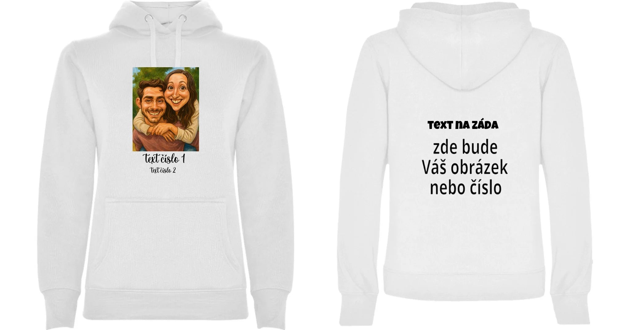DÁMSKÁ MIKINA S KAPUCÍ s motivem KARIKATURA (vložíte fotku a texty) oboustranný potisk dámská mikina URBAN Bílá