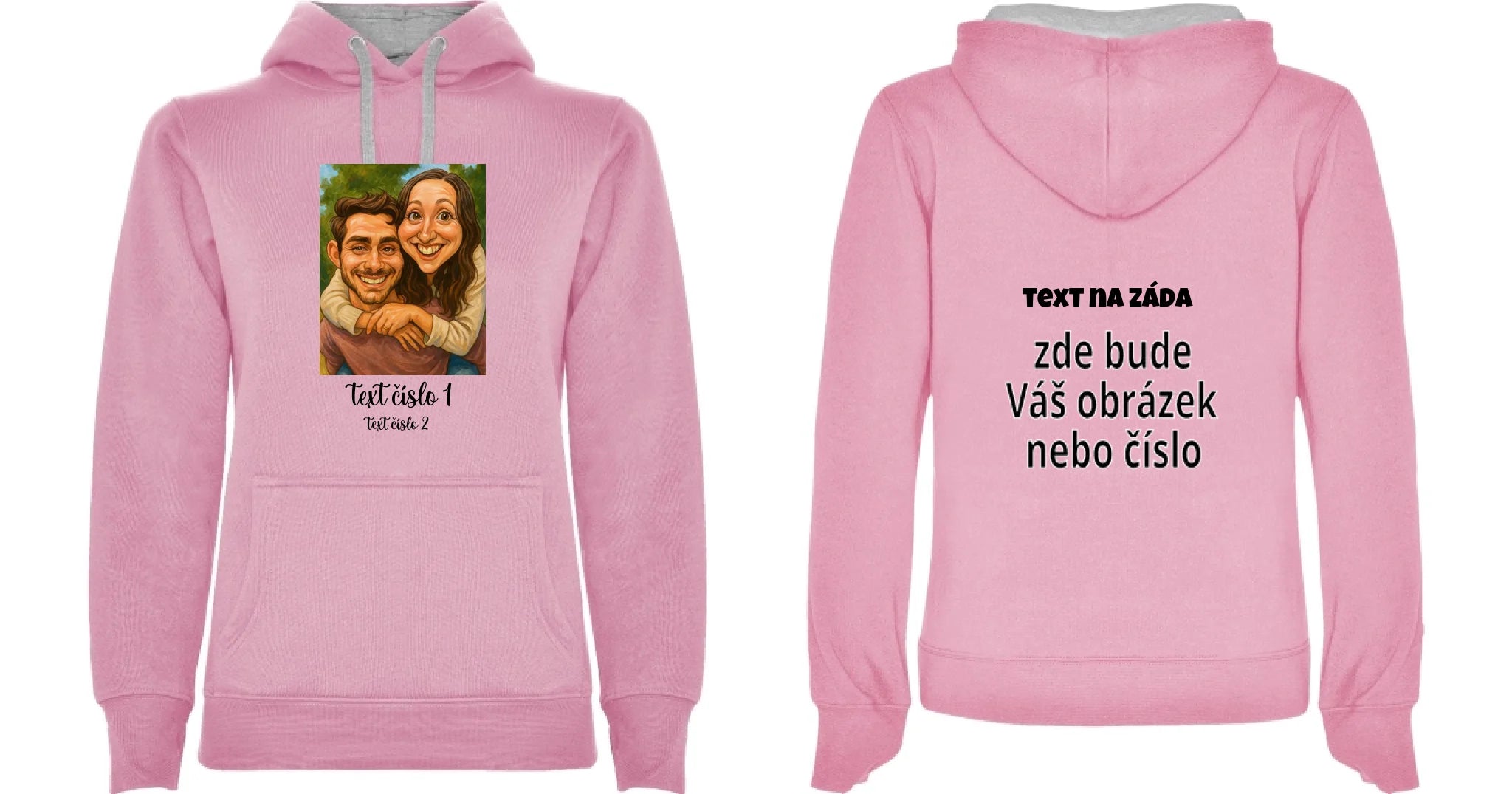 DÁMSKÁ MIKINA S KAPUCÍ s motivem KARIKATURA (vložíte fotku a texty) oboustranný potisk dámská mikina URBAN Růžová melír