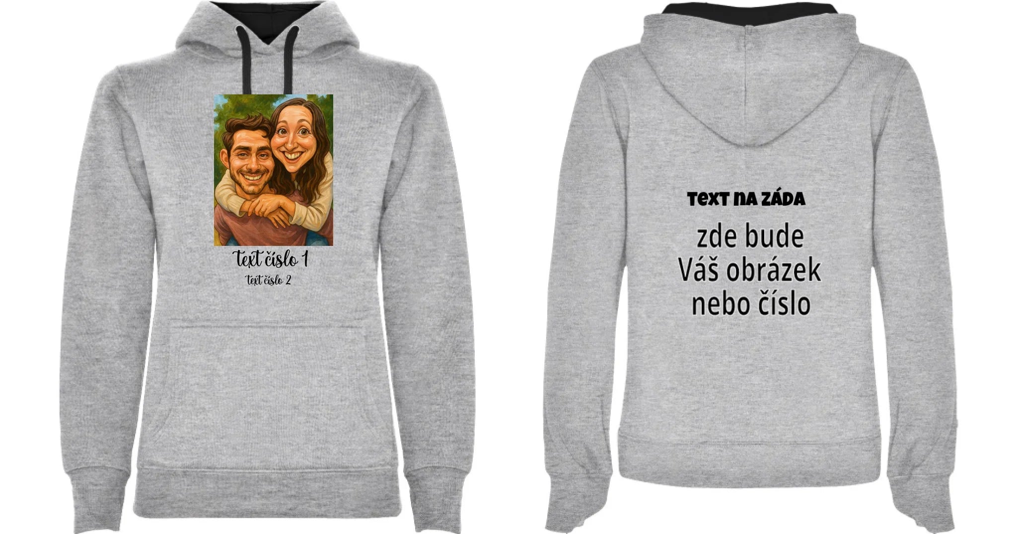 DÁMSKÁ MIKINA S KAPUCÍ s motivem KARIKATURA (vložíte fotku a texty) oboustranný potisk dámská mikina URBAN Melír černá