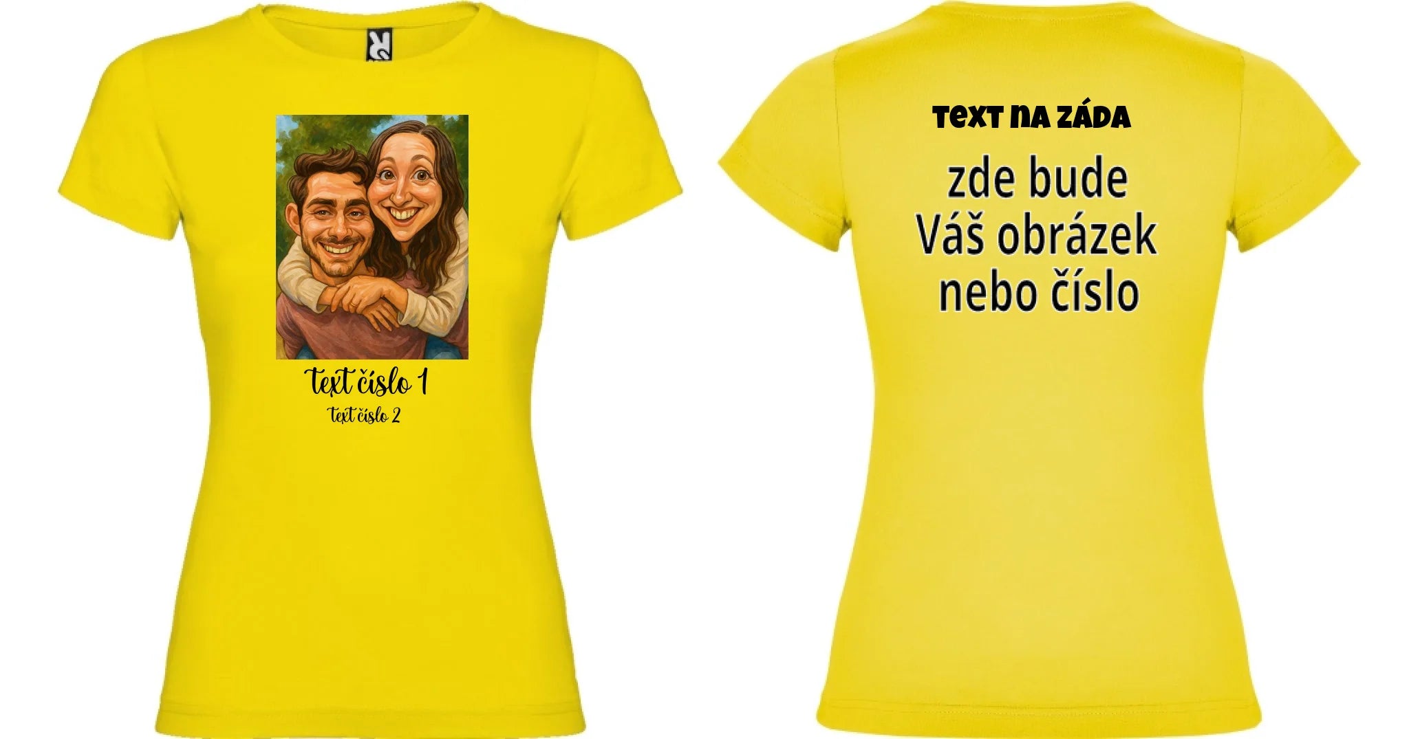 DÁMSKÉ TRIČKO s motivem KARIKATURA (vložíte fotku a texty) oboustranný potisk dámské jamaica Žlutá