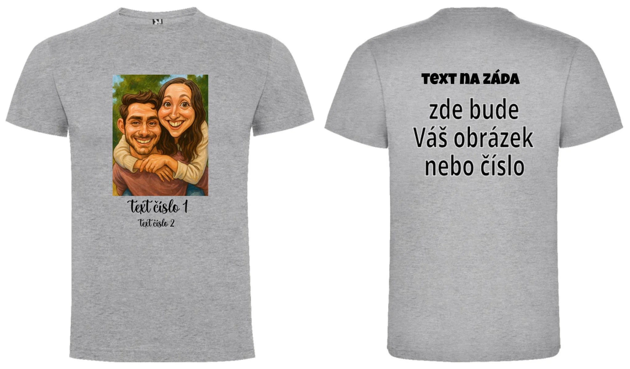 PÁNSKÉ TRIČKO s motivem KARIKATURA (vložíte fotku a texty) oboustranný potisk pánské DOGO Melír