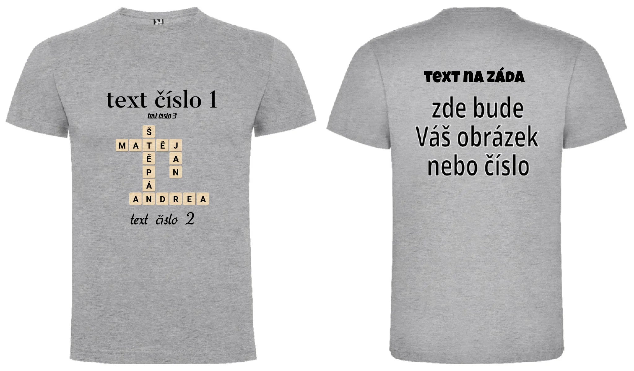 CHLAPECKÉ TRIČKO s motivem SCRABLE (vložíte jména, doplníte texty) oboustranný potisk chlapecké DOGO Melír