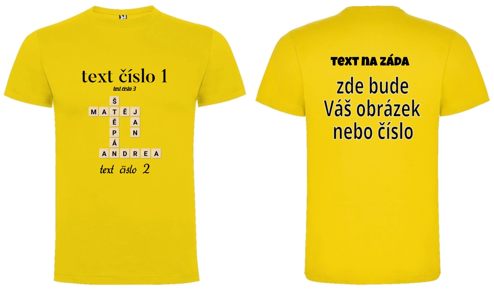 CHLAPECKÉ TRIČKO s motivem SCRABLE (vložíte jména, doplníte texty) oboustranný potisk chlapecké DOGO Žlutá