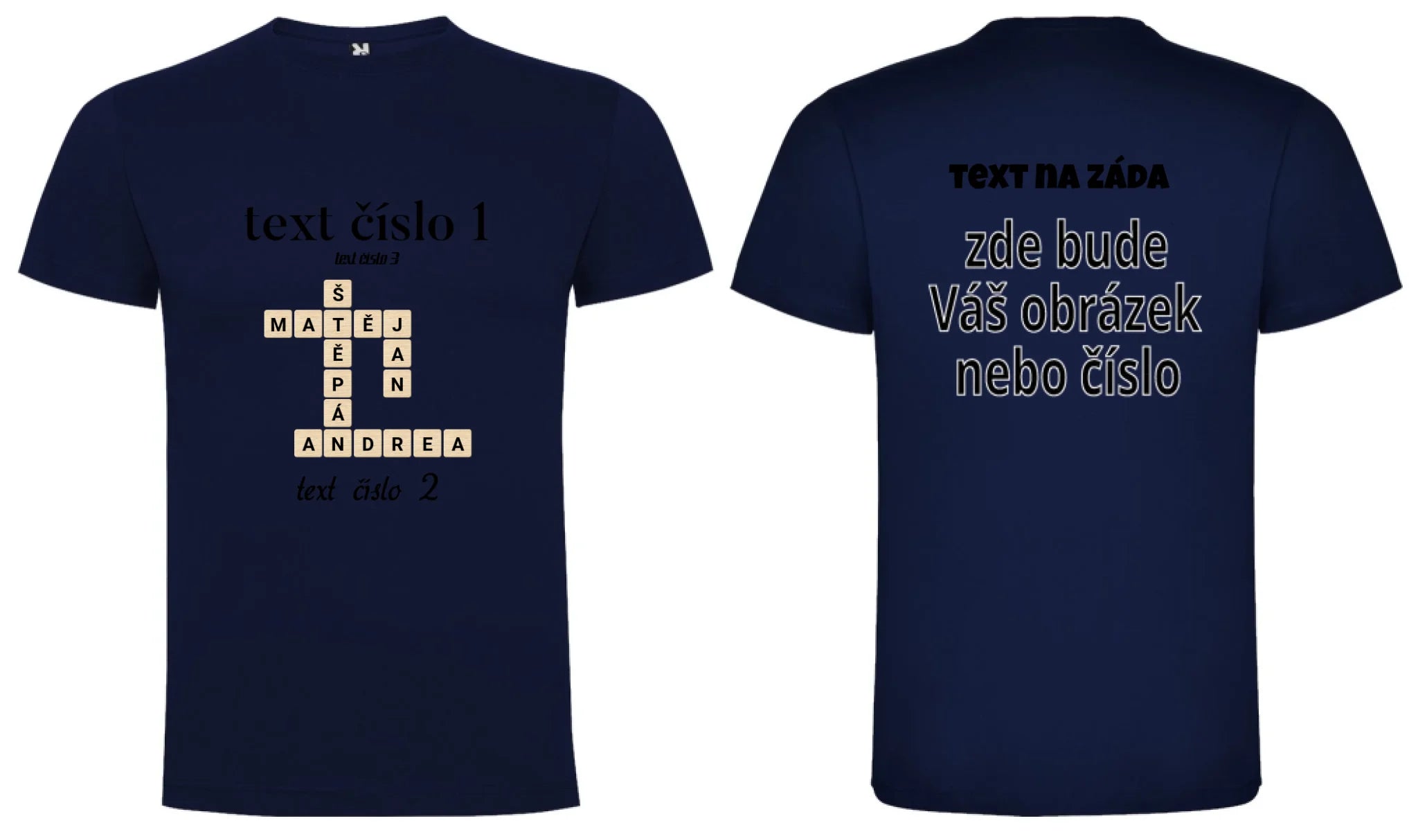 CHLAPECKÉ TRIČKO s motivem SCRABLE (vložíte jména, doplníte texty) oboustranný potisk chlapecké DOGO Námořnická modrá