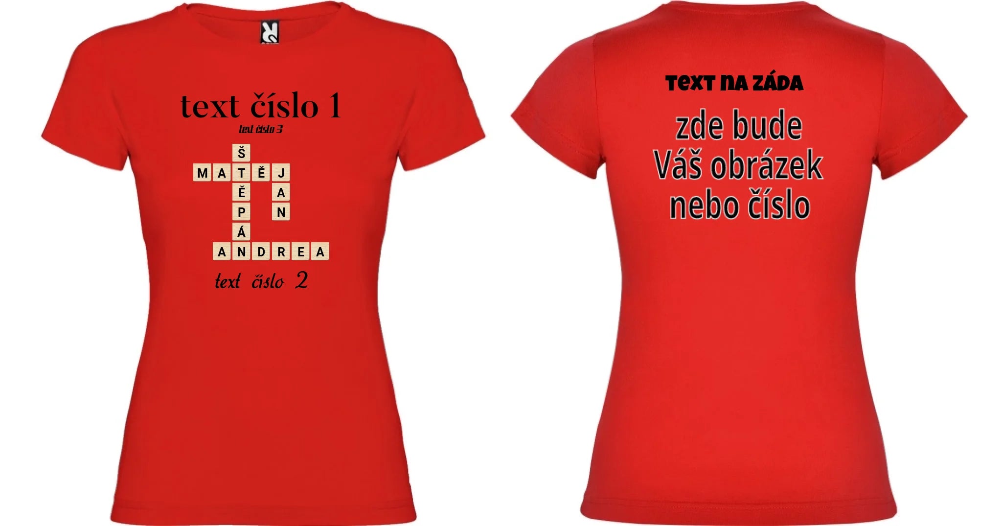 DÁMSKÉ TRIČKO s motivem SCRABLE (vložíte jména, doplníte texty) oboustranný potisk dámské jamaica Červená