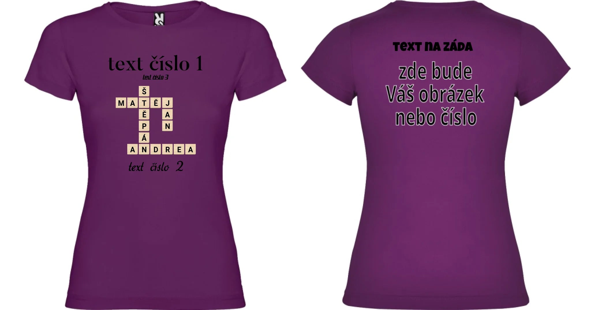 DÁMSKÉ TRIČKO s motivem SCRABLE (vložíte jména, doplníte texty) oboustranný potisk dámské jamaica Purpurová