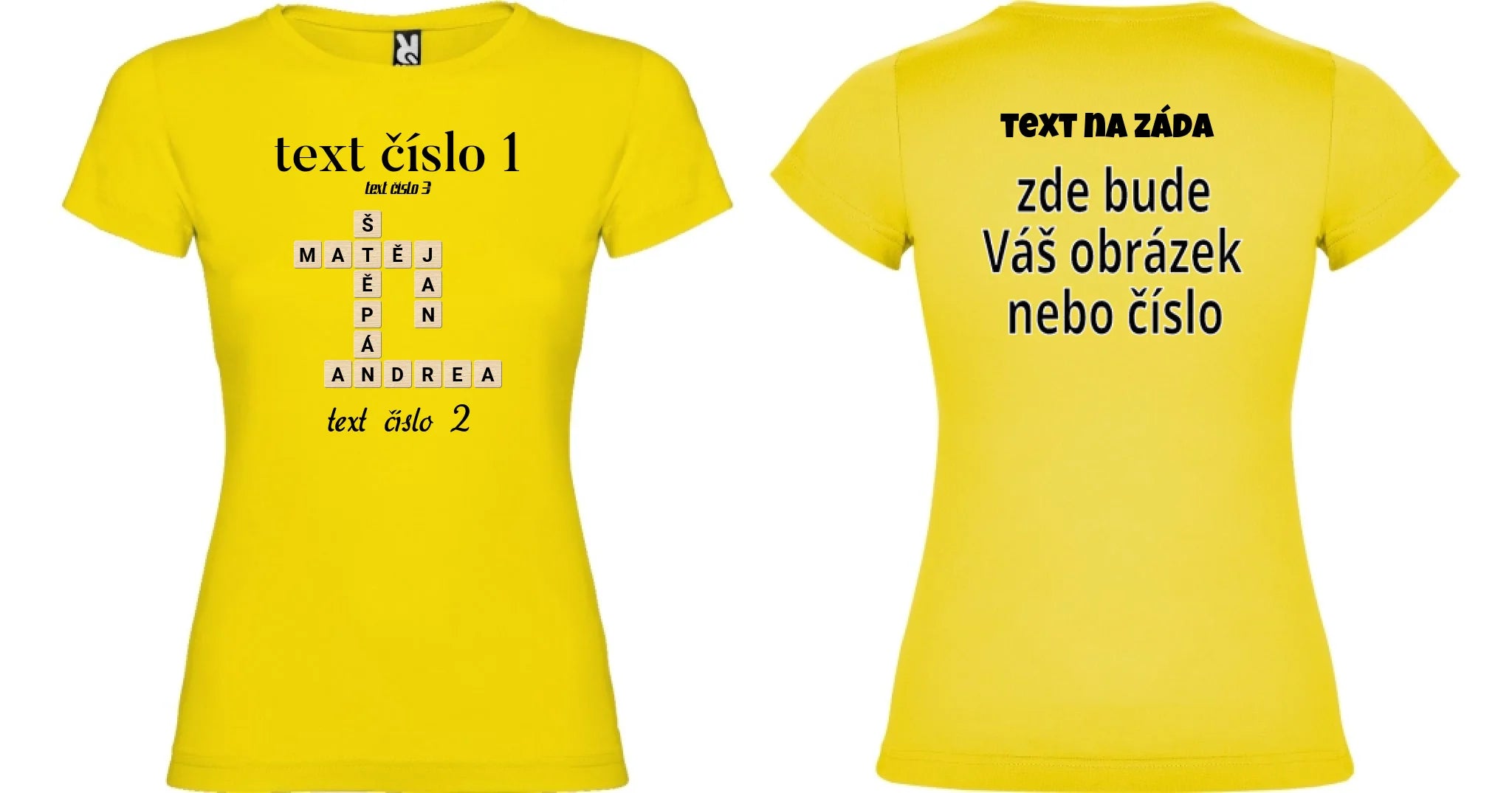 DÁMSKÉ TRIČKO s motivem SCRABLE (vložíte jména, doplníte texty) oboustranný potisk dámské jamaica Žlutá
