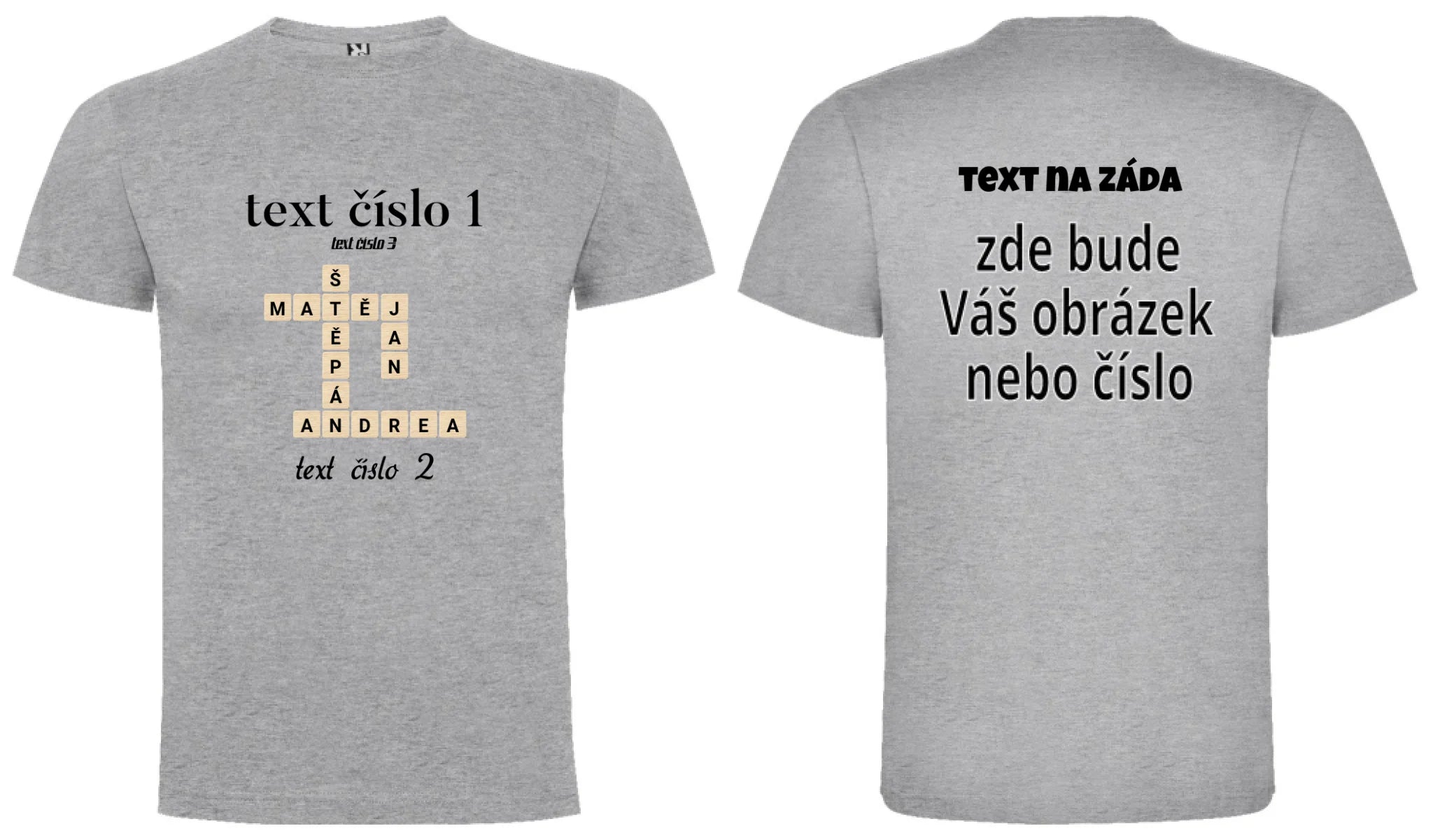 PÁNSKÉ TRIČKO s motivem SCRABLE (vložíte jména, doplníte texty) oboustranný potisk pánské DOGO Melír