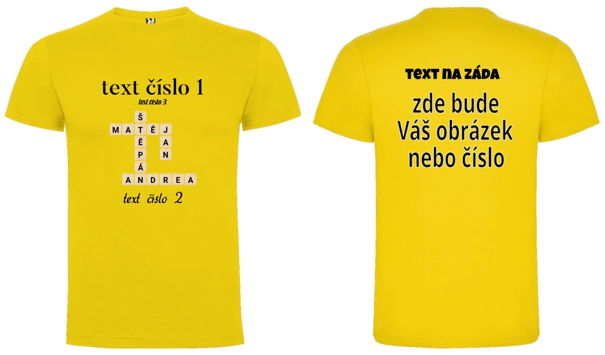 PÁNSKÉ TRIČKO s motivem SCRABLE (vložíte jména, doplníte texty) oboustranný potisk pánské DOGO Žlutá