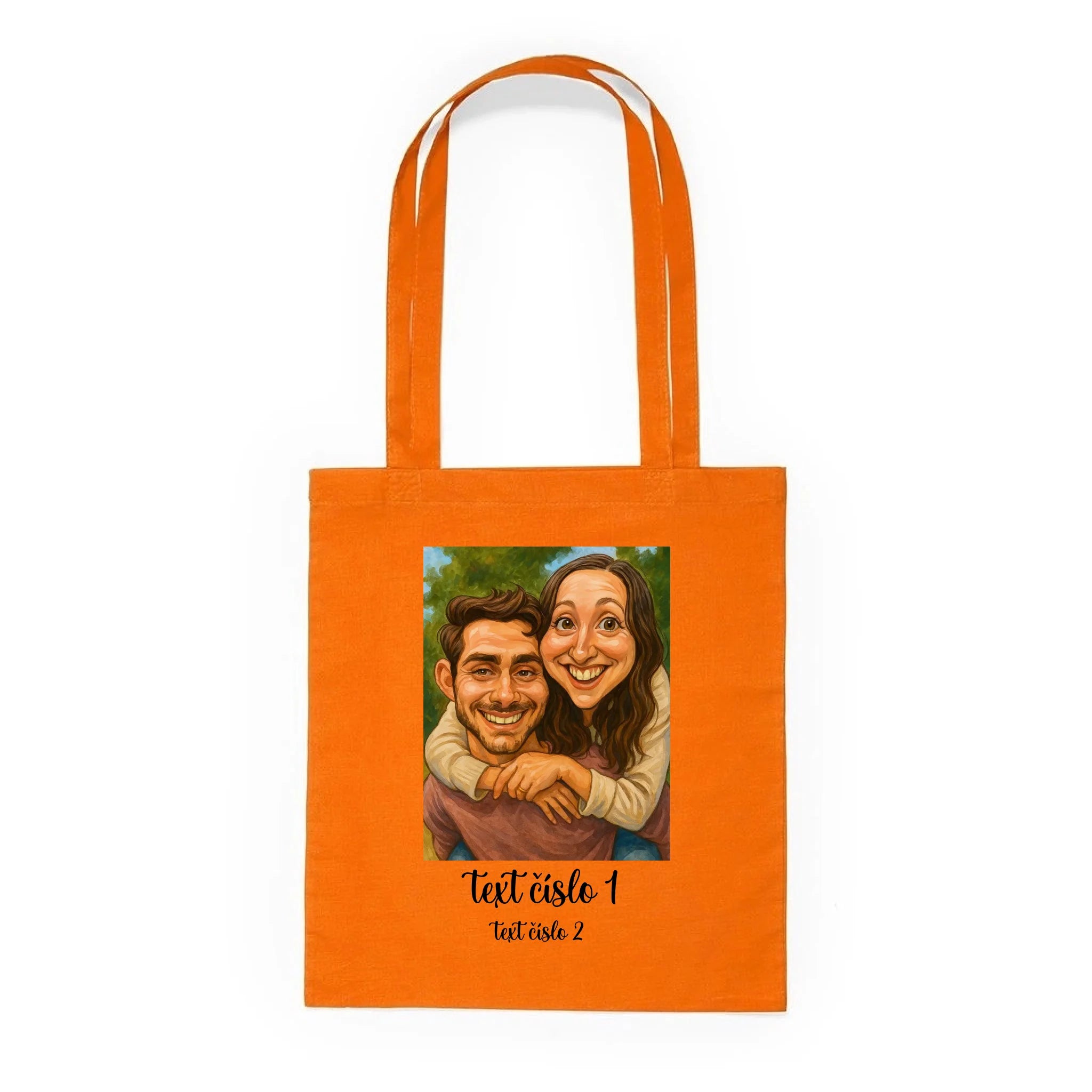 BATOH nebo TAŠKA s motivem KARIKATURA (vložíte fotku a texty) Plátěná taška KNOLL oranžová 36x40