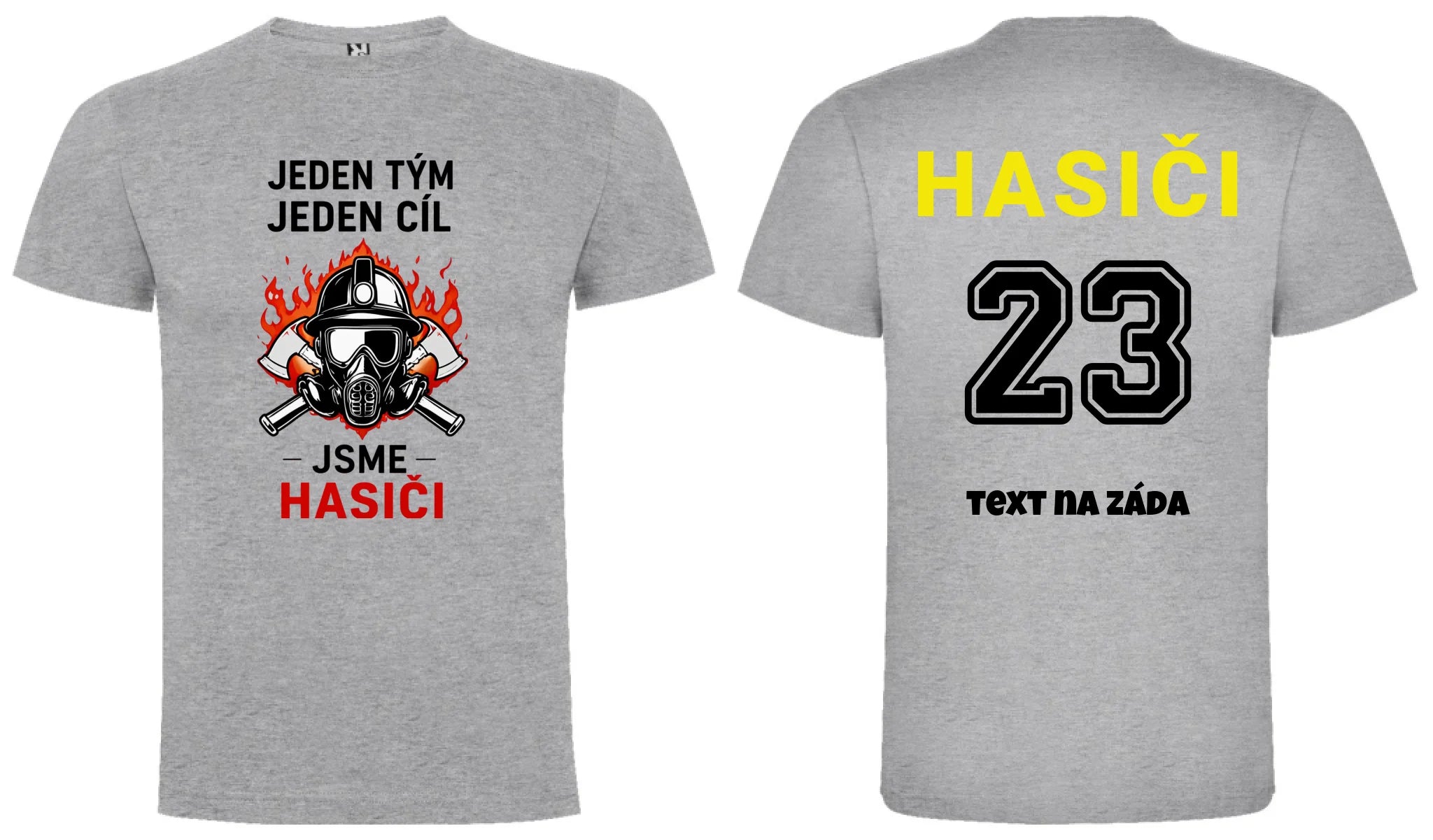 PÁNSKÉ TRIČKO S MOTIVEM HASIČI JEDEN TÝM možnost vlastního jména, čísla nebo obrázku motiv dopředu a na záda vlastní potisk Melír