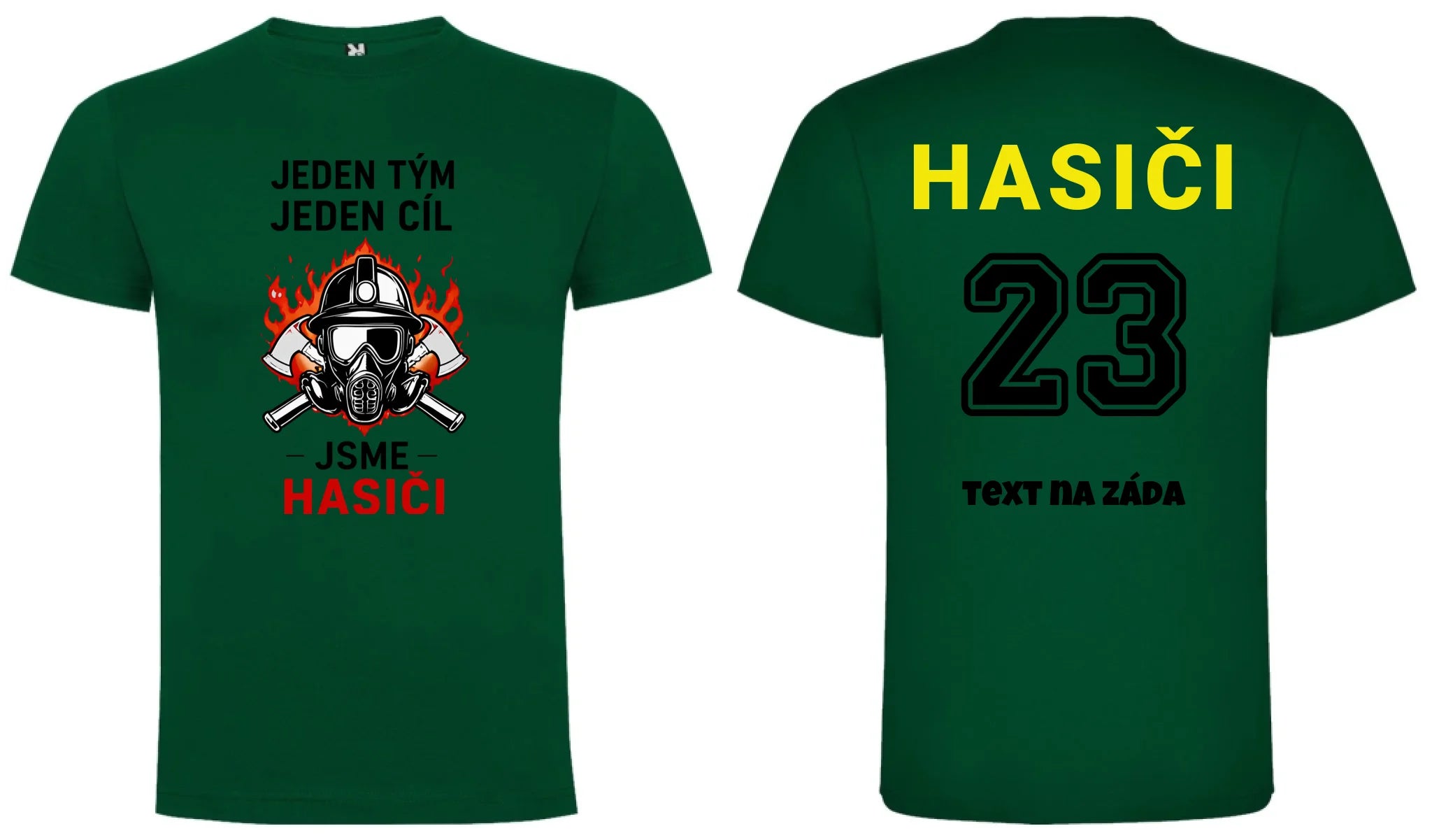 PÁNSKÉ TRIČKO S MOTIVEM HASIČI JEDEN TÝM možnost vlastního jména, čísla nebo obrázku motiv dopředu a na záda vlastní potisk Tmavě zelená