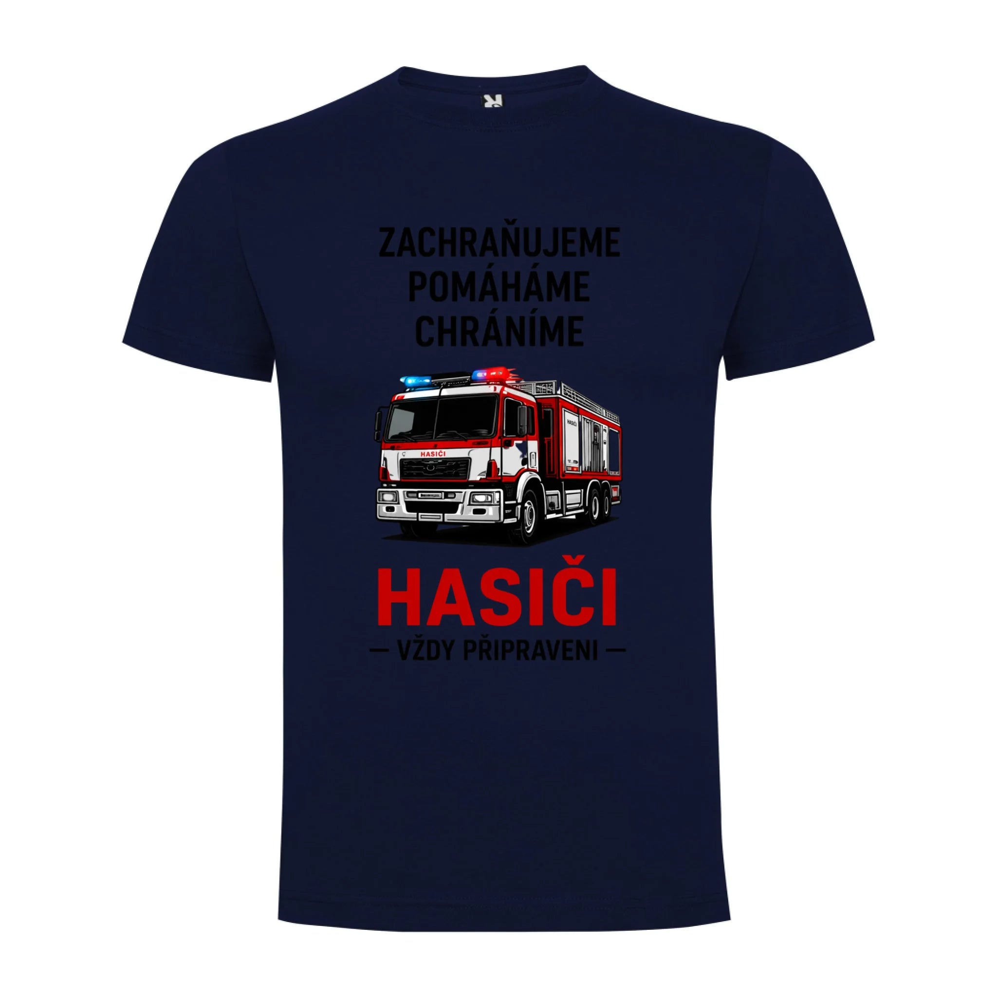 PÁNSKÉ TRIČKO HASIČI VŽDY PŘIPRAVEN možnost dotisku jména, čísla nebo obrázku jen motiv dopředu Námořnická modrá
