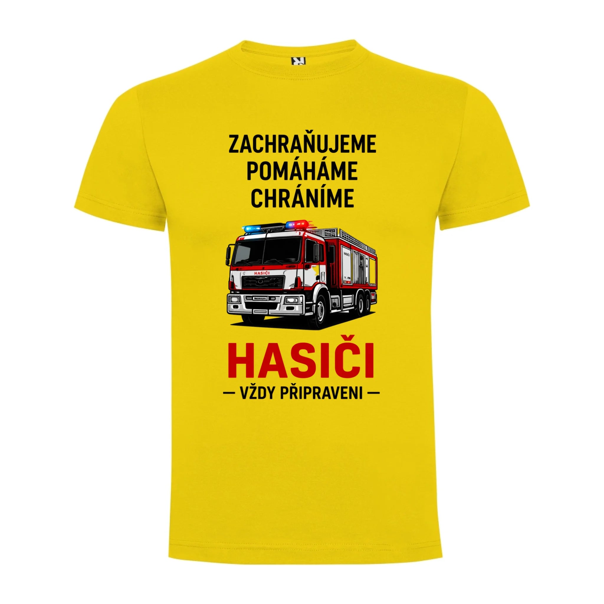 PÁNSKÉ TRIČKO HASIČI VŽDY PŘIPRAVEN možnost dotisku jména, čísla nebo obrázku jen motiv dopředu Žlutá