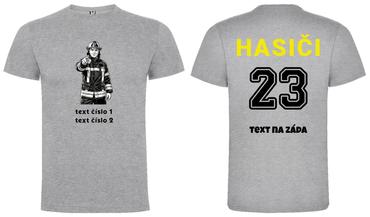 PÁNSKÉ TRIČKO s motivem HASIČI (výběr z 10+ obrázků, možnost doplnit vlastní texty) potisk dopředu i na záda Melír