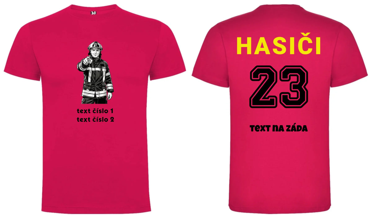 PÁNSKÉ TRIČKO s motivem HASIČI (výběr z 10+ obrázků, možnost doplnit vlastní texty) potisk dopředu i na záda Růže