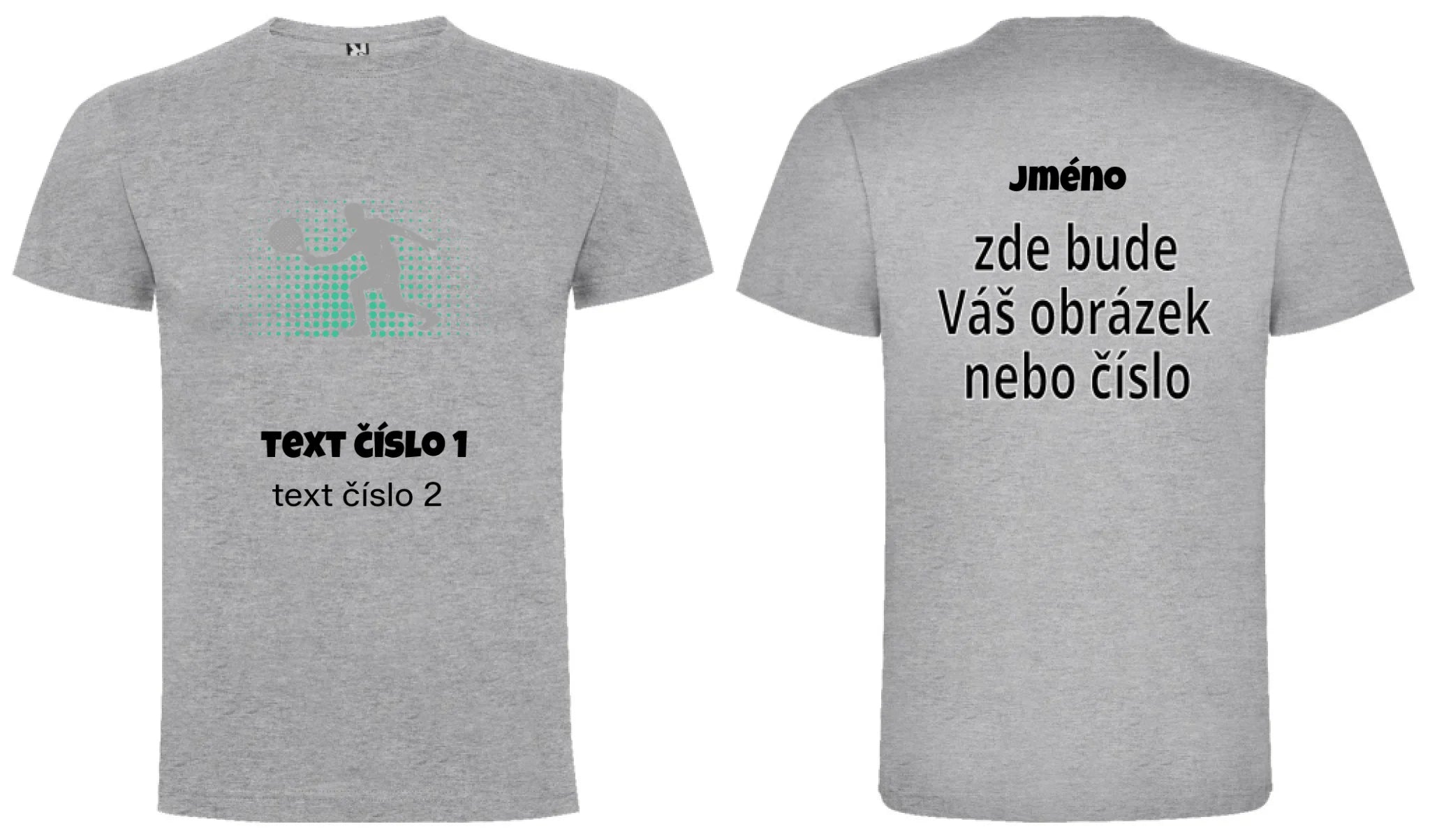 PÁNSKÉ TRIČKO s motivem PADEL (výběr z 10+ obrázků, možnost doplnit vlastní texty) dopředu motiv a na záda vlastní potisk Melír