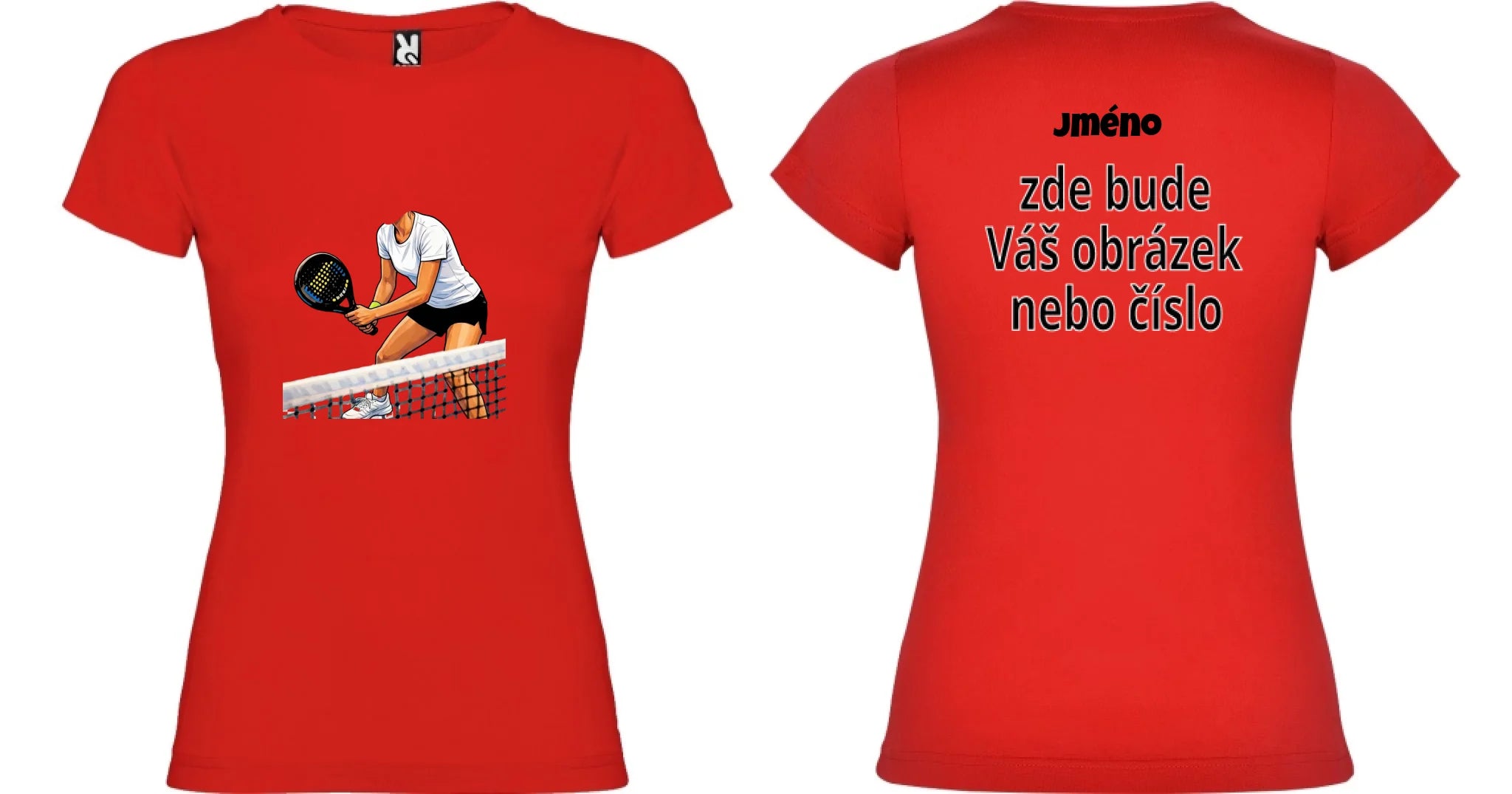 DÁMSKÉ TRIČKO s motivem PADEL (s vlastní fotkou) motiv dopředu a na záda vlastní potisk Červená