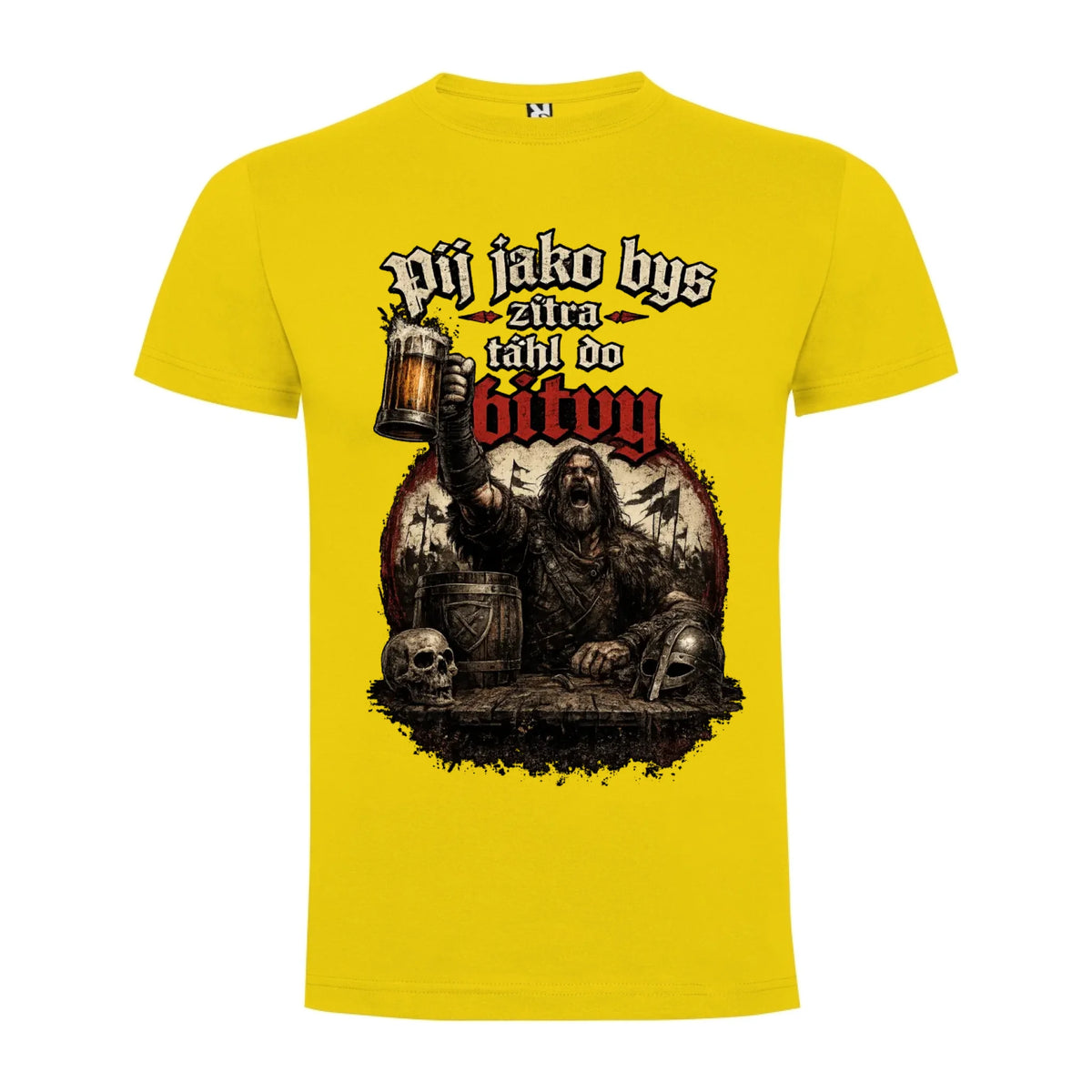 PÁNSKĚ TRIČKO PIVO PIJ JAKO BYS TÁHL DO BITVY s možností dotisku jména, čísla, obrázku jen motiv dopředu Žlutá
