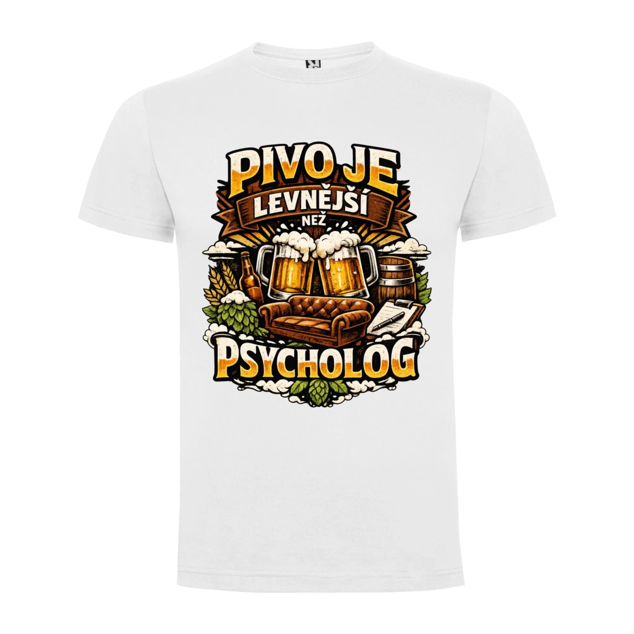 PÁNSKÉ TRIČKO PIVO JE LEVNĚJŠÍ NEŽ PSYCHOLOG s možností dotisku jména, čísla, obrázku jen motiv dopředu Bílá
