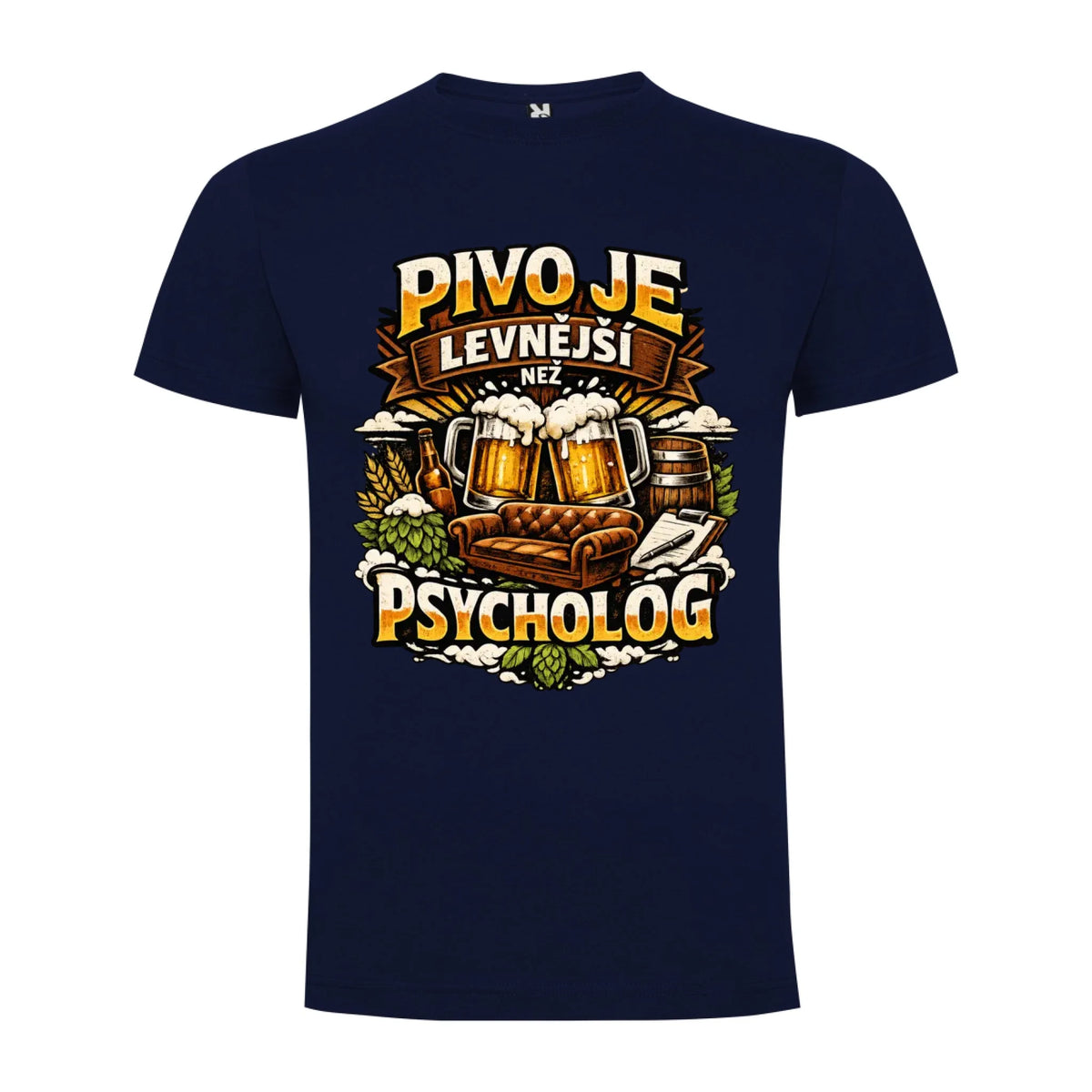 PÁNSKÉ TRIČKO PIVO JE LEVNĚJŠÍ NEŽ PSYCHOLOG s možností dotisku jména, čísla, obrázku jen motiv dopředu Námořnická modrá