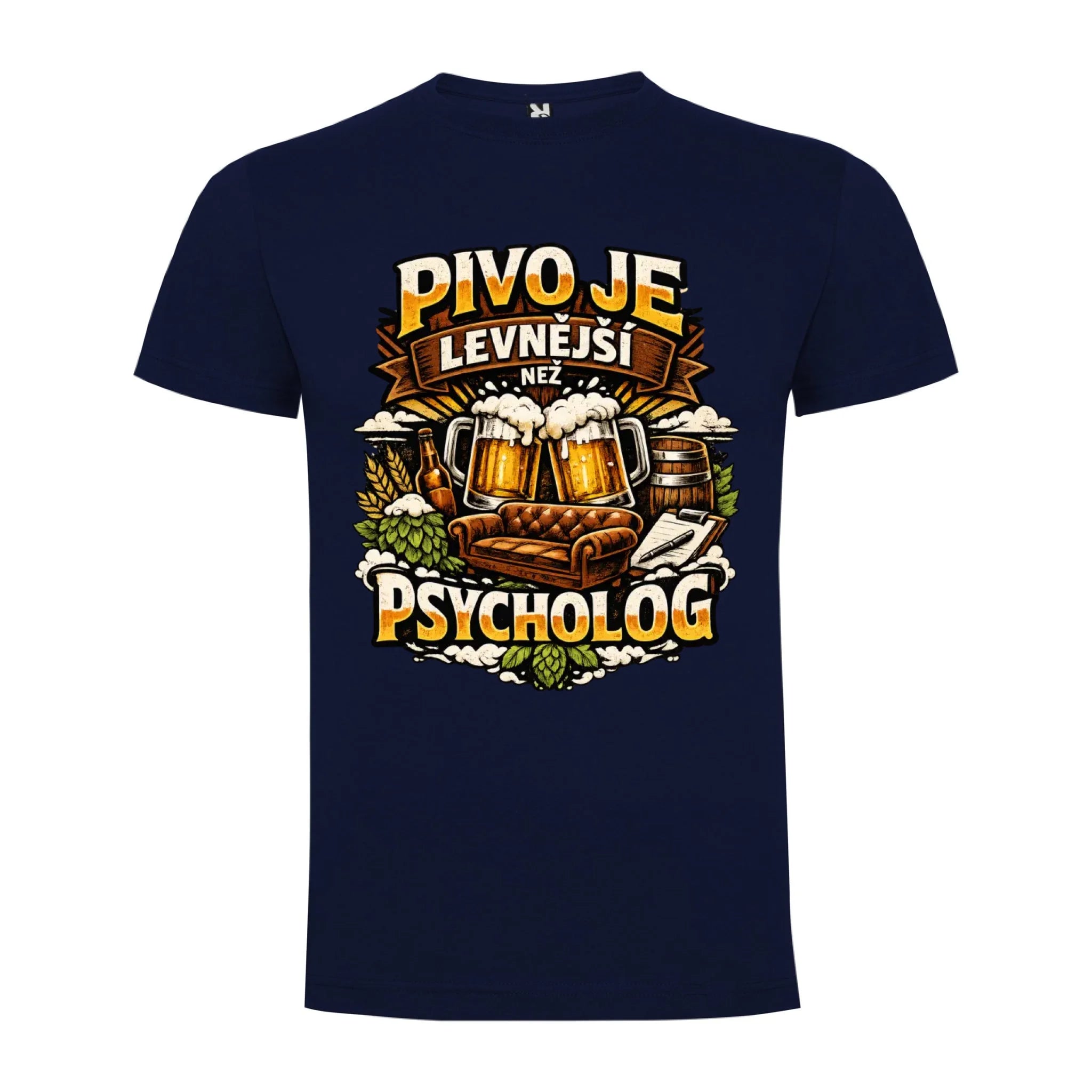 PÁNSKÉ TRIČKO PIVO JE LEVNĚJŠÍ NEŽ PSYCHOLOG s možností dotisku jména, čísla, obrázku jen motiv dopředu Námořnická modrá