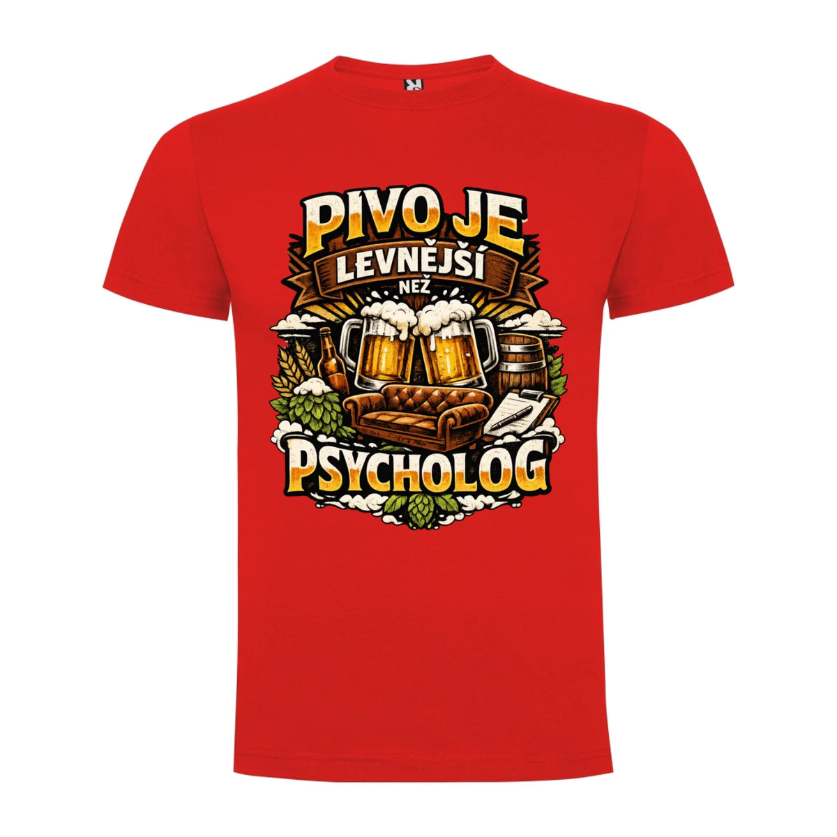 PÁNSKÉ TRIČKO PIVO JE LEVNĚJŠÍ NEŽ PSYCHOLOG s možností dotisku jména, čísla, obrázku jen motiv dopředu Červená