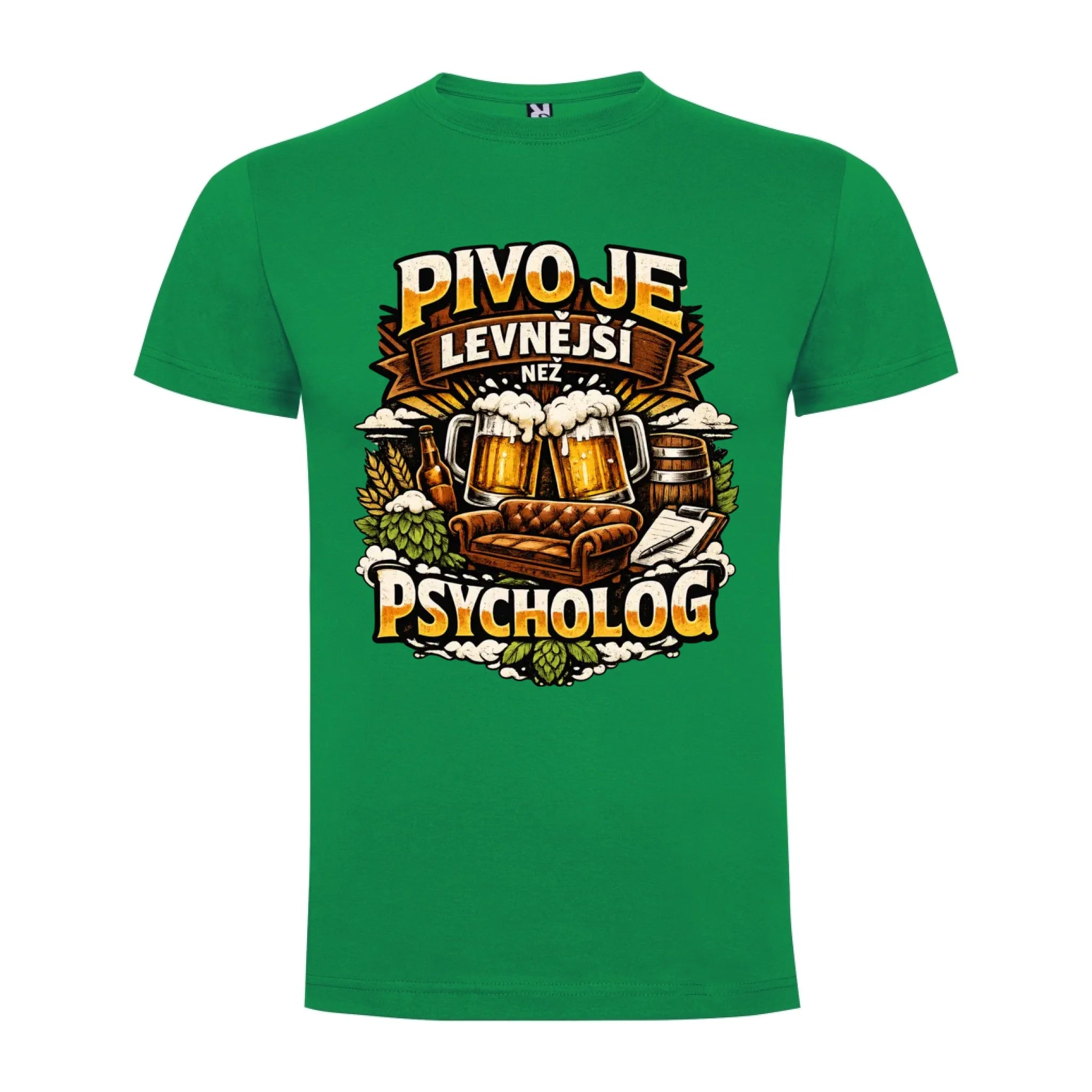 PÁNSKÉ TRIČKO PIVO JE LEVNĚJŠÍ NEŽ PSYCHOLOG s možností dotisku jména, čísla, obrázku jen motiv dopředu Zelená