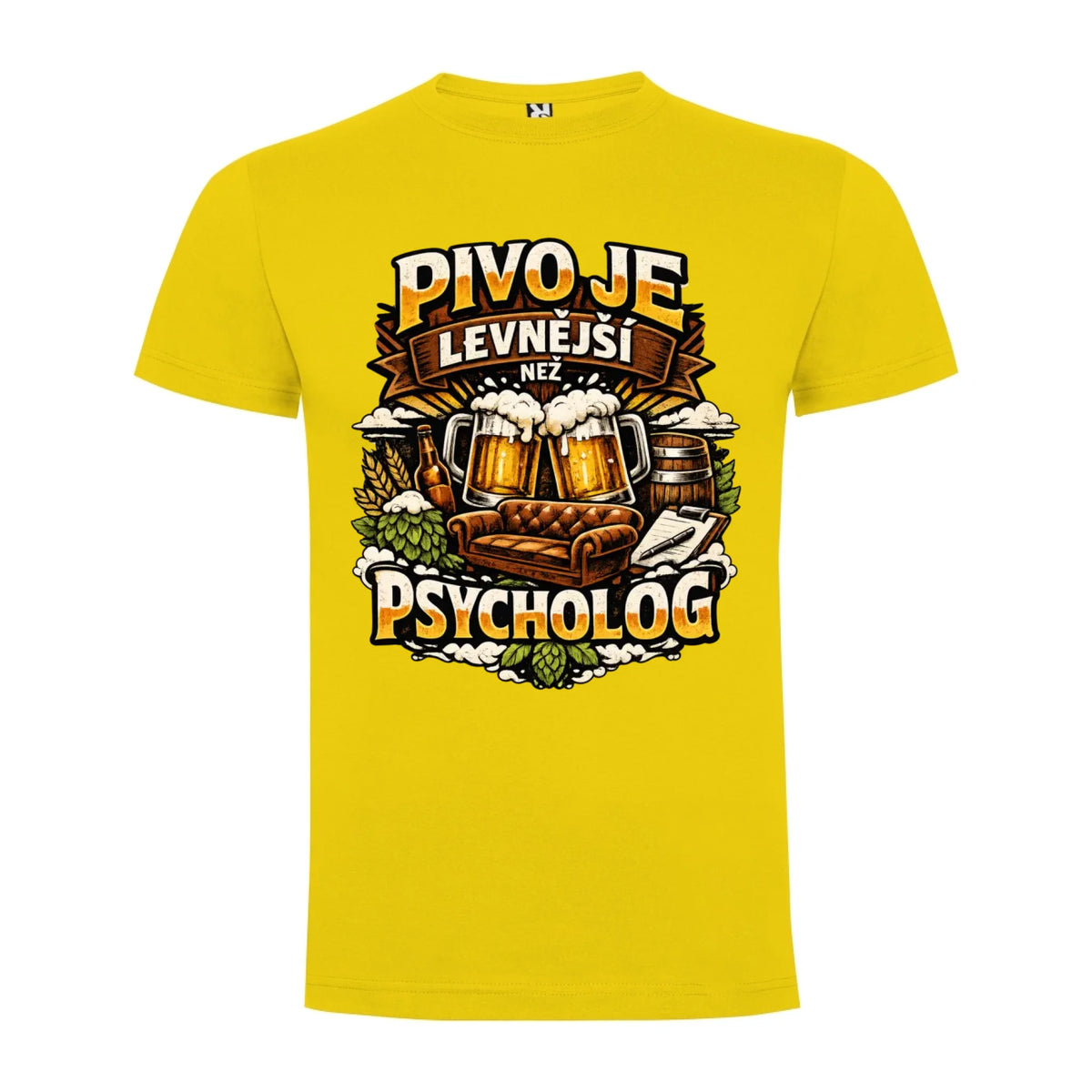 PÁNSKÉ TRIČKO PIVO JE LEVNĚJŠÍ NEŽ PSYCHOLOG s možností dotisku jména, čísla, obrázku jen motiv dopředu Žlutá