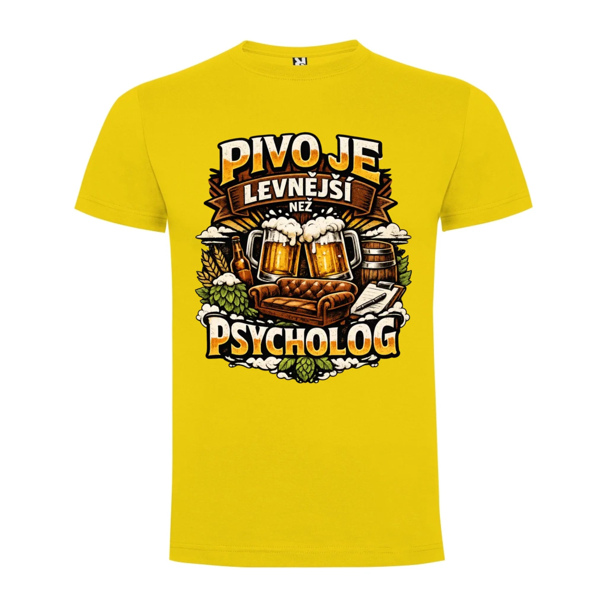 PÁNSKÉ TRIČKO PIVO JE LEVNĚJŠÍ NEŽ PSYCHOLOG s možností dotisku jména, čísla, obrázku jen motiv dopředu Žlutá