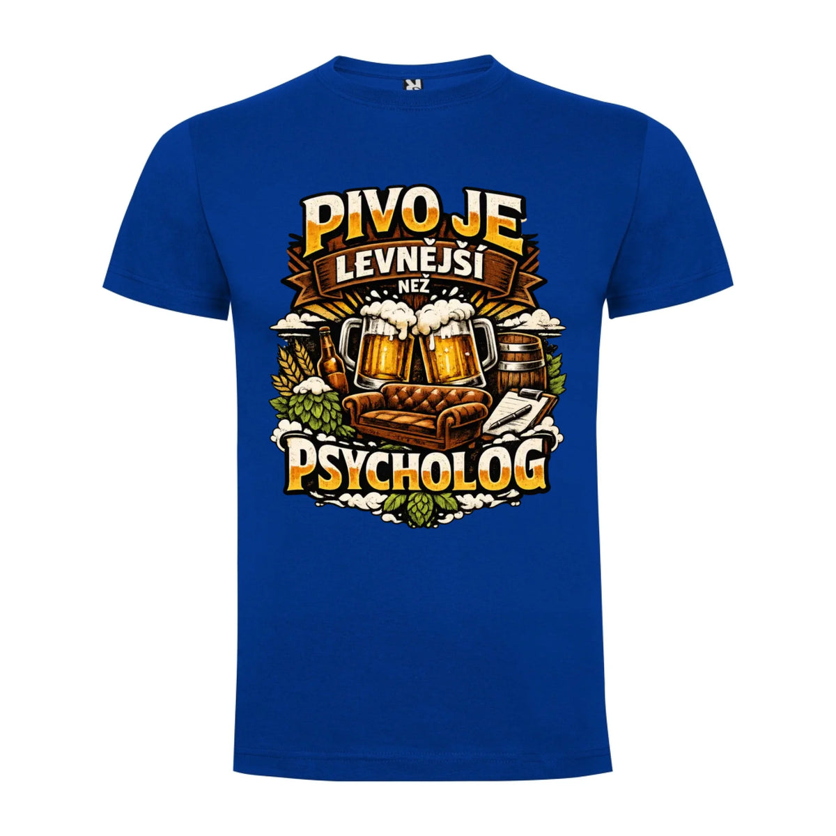 PÁNSKÉ TRIČKO PIVO JE LEVNĚJŠÍ NEŽ PSYCHOLOG s možností dotisku jména, čísla, obrázku jen motiv dopředu Modrá