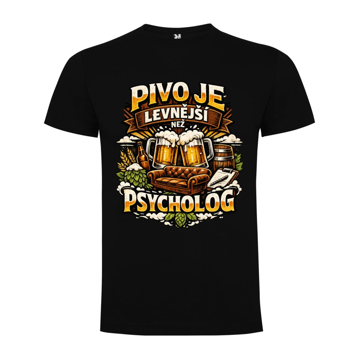 PÁNSKÉ TRIČKO PIVO JE LEVNĚJŠÍ NEŽ PSYCHOLOG s možností dotisku jména, čísla, obrázku jen motiv dopředu Černá