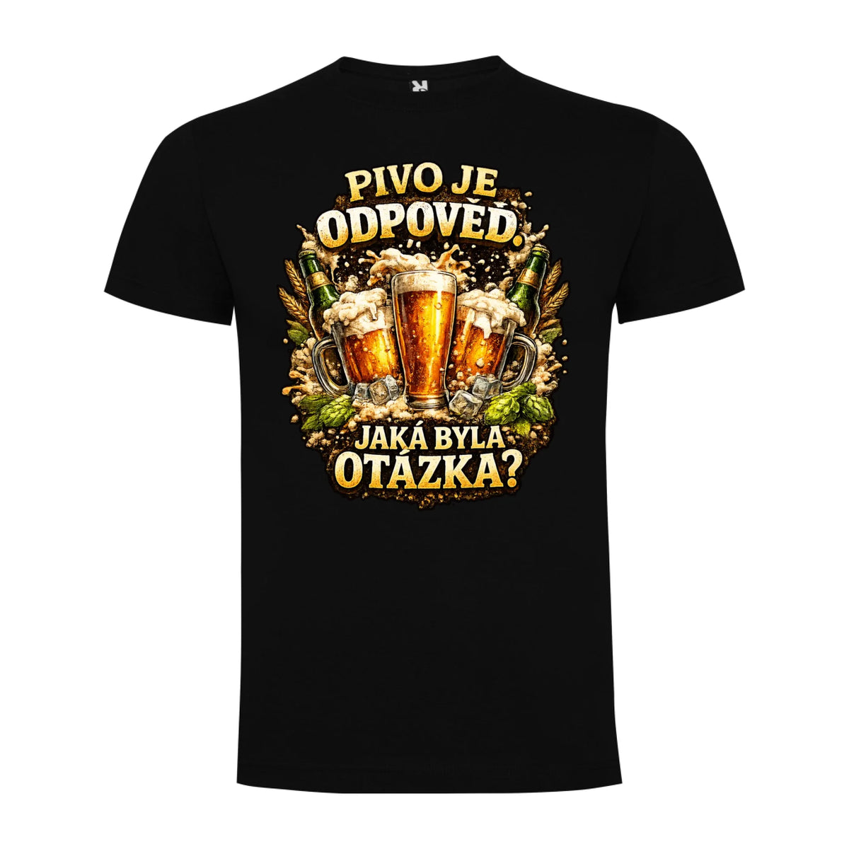 PÁNSKÉ TRIČKO PIVO JE ODPOVĚĎ s možností dotisku jména, čísla, obrázku jen motiv dopředu Černá