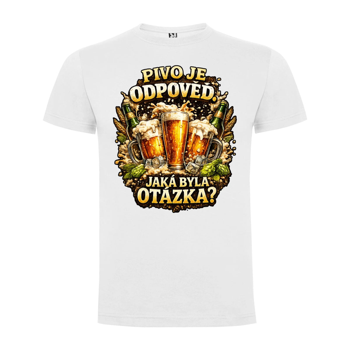 PÁNSKÉ TRIČKO PIVO JE ODPOVĚĎ s možností dotisku jména, čísla, obrázku jen motiv dopředu Bílá