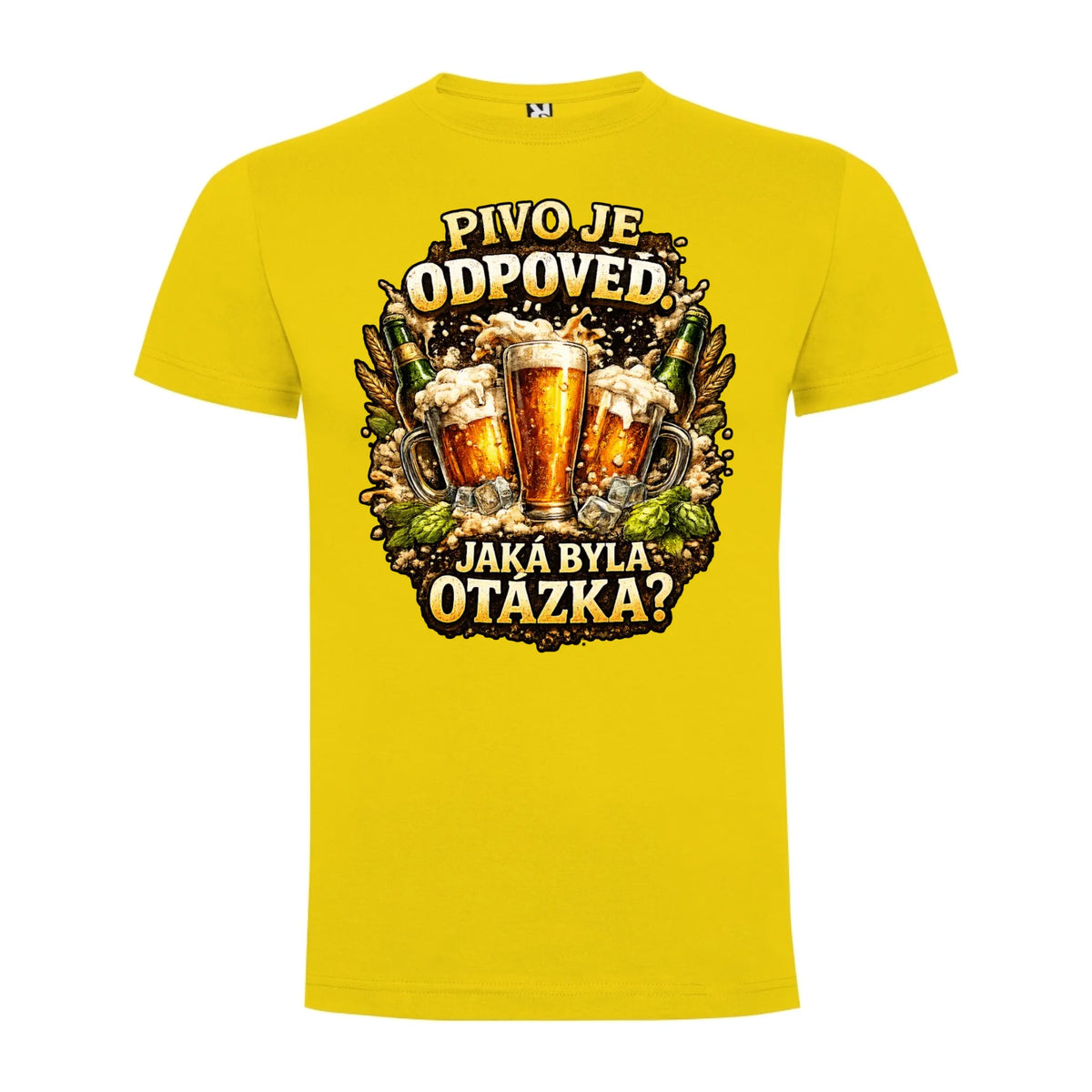 PÁNSKÉ TRIČKO PIVO JE ODPOVĚĎ s možností dotisku jména, čísla, obrázku jen motiv dopředu Žlutá