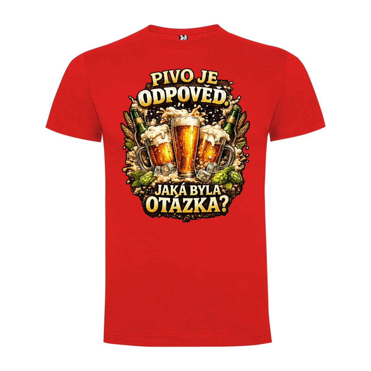 PÁNSKÉ TRIČKO PIVO JE ODPOVĚĎ s možností dotisku jména, čísla, obrázku jen motiv dopředu Červená