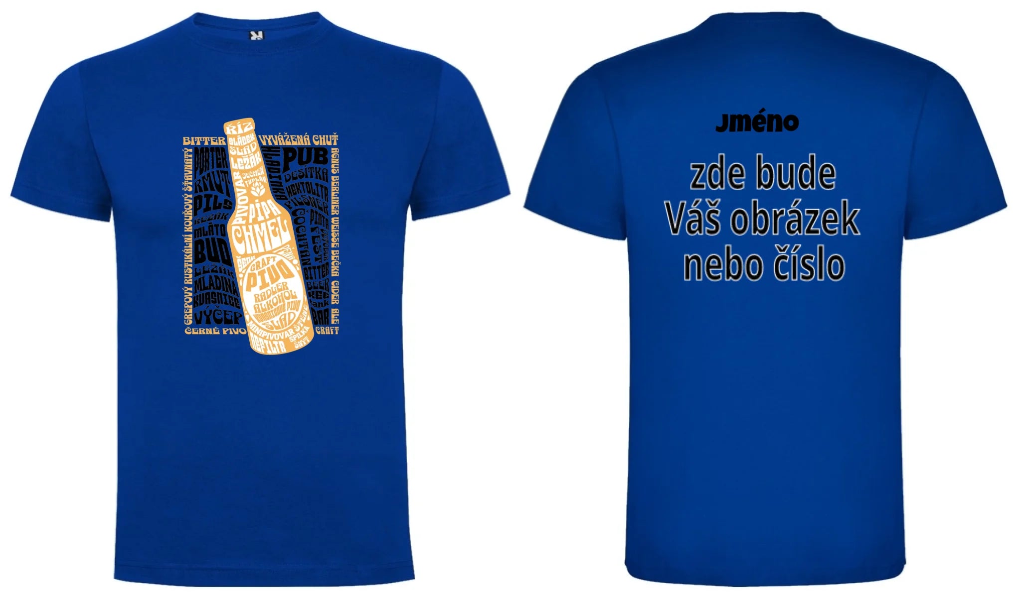 PÁNSKÉ TRIČKO PIVO POJMY s možností dotisku jména, čísla, obrázku motiv dopředu a na záda vlastní potisk Modrá