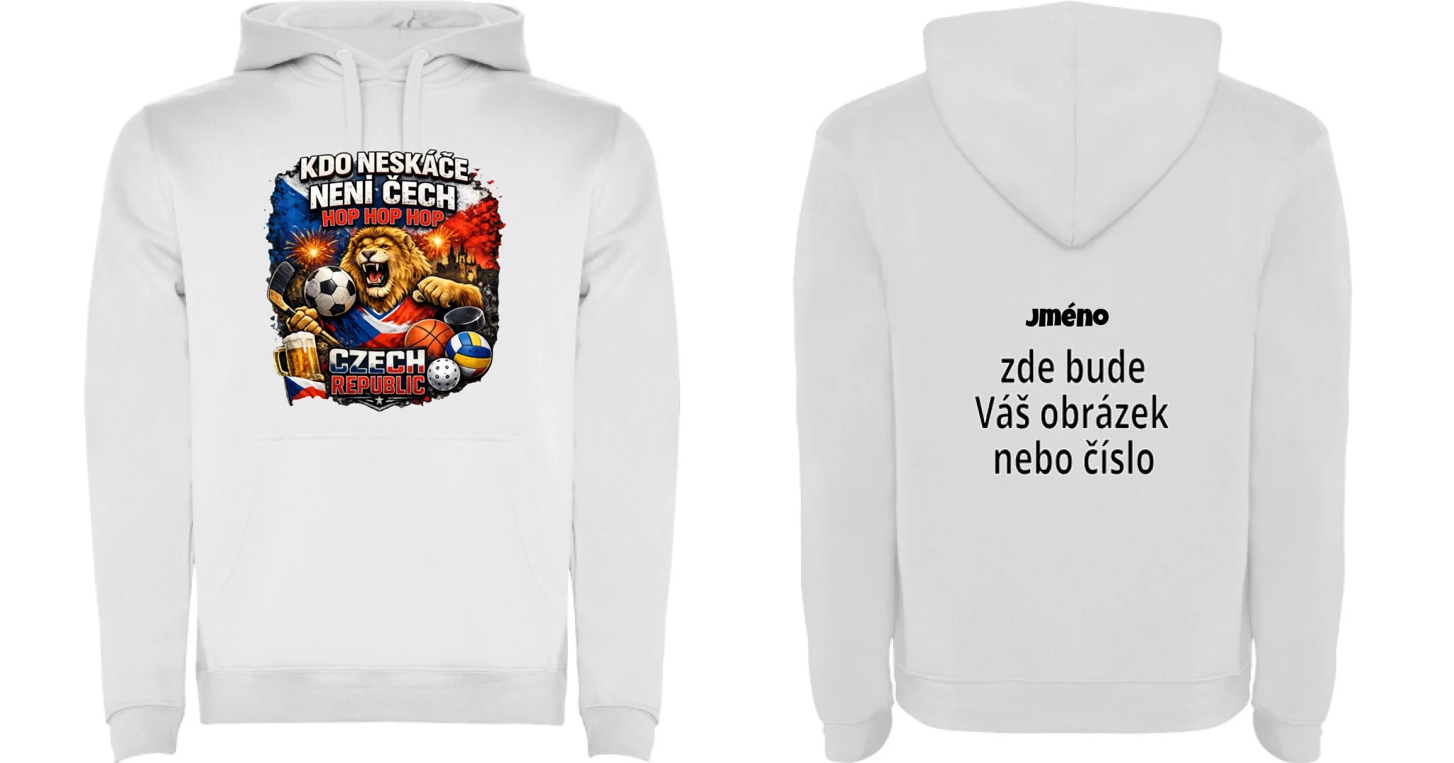PÁNSKÁ MIKINA S KAPUCÍ ČEŠI 5+ motivů s možností dotisku jména, čísla, obrázku motiv dopředu a na záda vlastní potisk Bílá