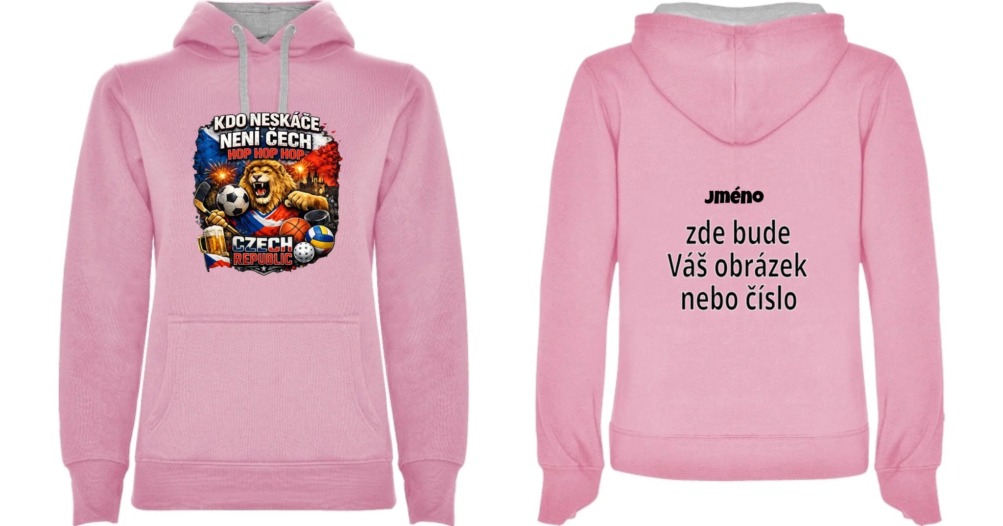 DÁMSKÁ MIKINA S KAPUCÍ ČEŠI 5 motivů s možností dotisku jména, čísla, obrázku motiv dopředu a na záda vlastní potisk Růžová melír