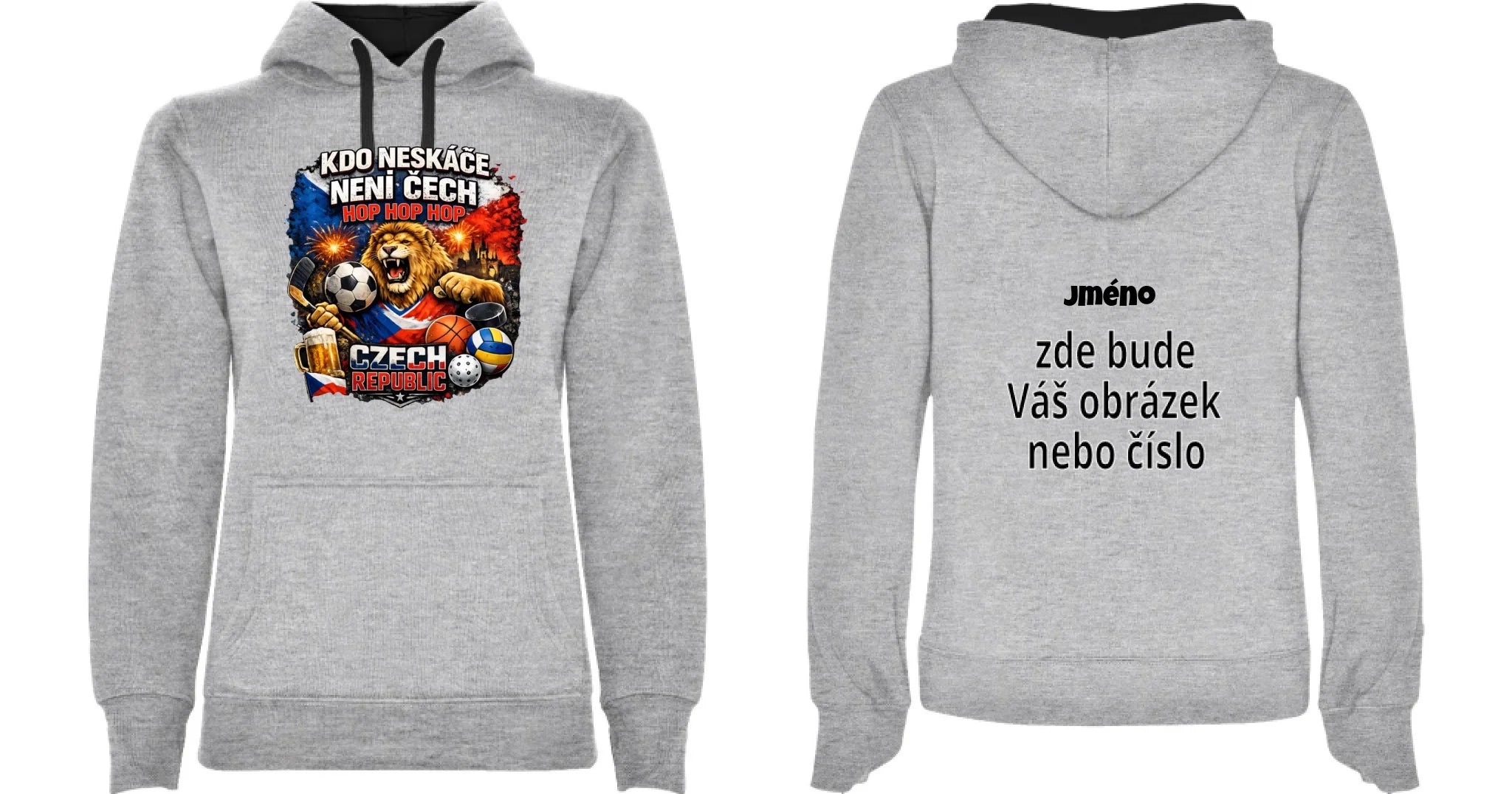 DÁMSKÁ MIKINA S KAPUCÍ ČEŠI 5 motivů s možností dotisku jména, čísla, obrázku motiv dopředu a na záda vlastní potisk Melír černá