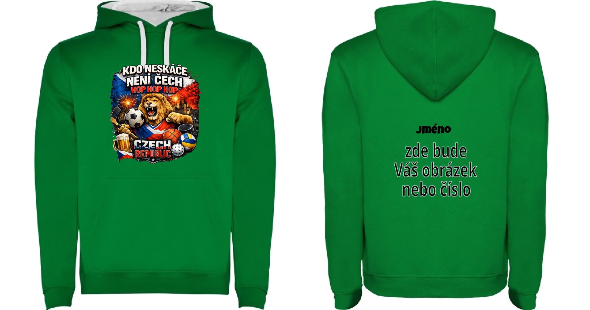 DĚTSKÁ MIKINA S KAPUCÍ ČEŠI 5+ motivů s možností dotisku jména, čísla, obrázku motiv dopředu a na záda vlastní potisk Sytě zelená bílá