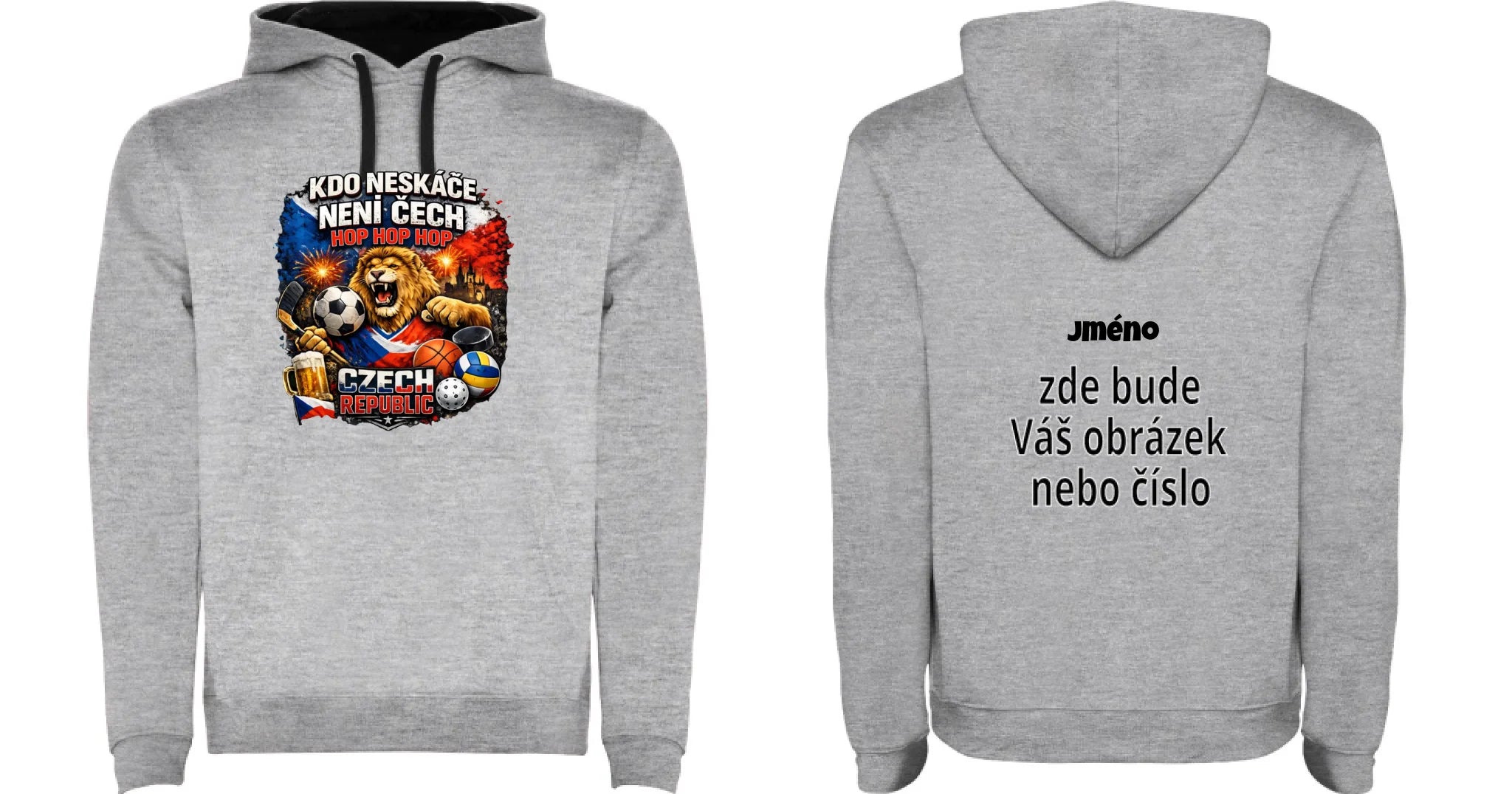DĚTSKÁ MIKINA S KAPUCÍ ČEŠI 5+ motivů s možností dotisku jména, čísla, obrázku motiv dopředu a na záda vlastní potisk Melír černá
