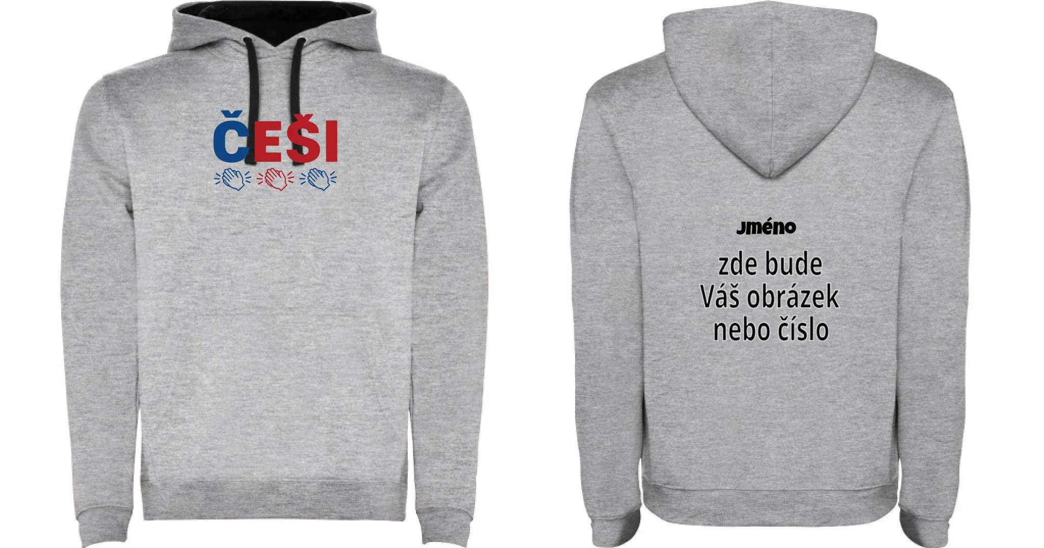 PÁNSKÁ MIKINA S KAPUCÍ KDO NESKÁČE NENÍ ČECH s možností dotisku jména, čísla, obrázku motiv dopředu a na záda vlastní potisk Melír černá