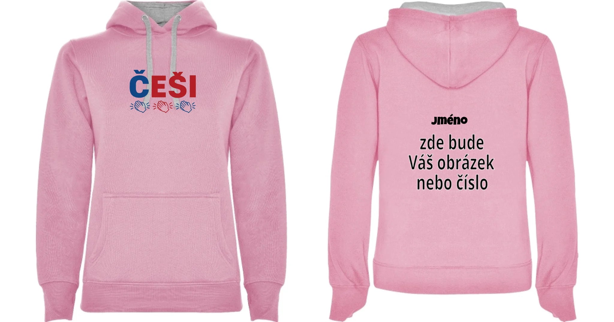 DÁMSKÁ MIKINA S KAPUCÍ KDO NESKÁČE NENÍ ČECH s možností dotisku jména, čísla, obrázku motiv dopředu a vlastní potisk na záda Růžová melír