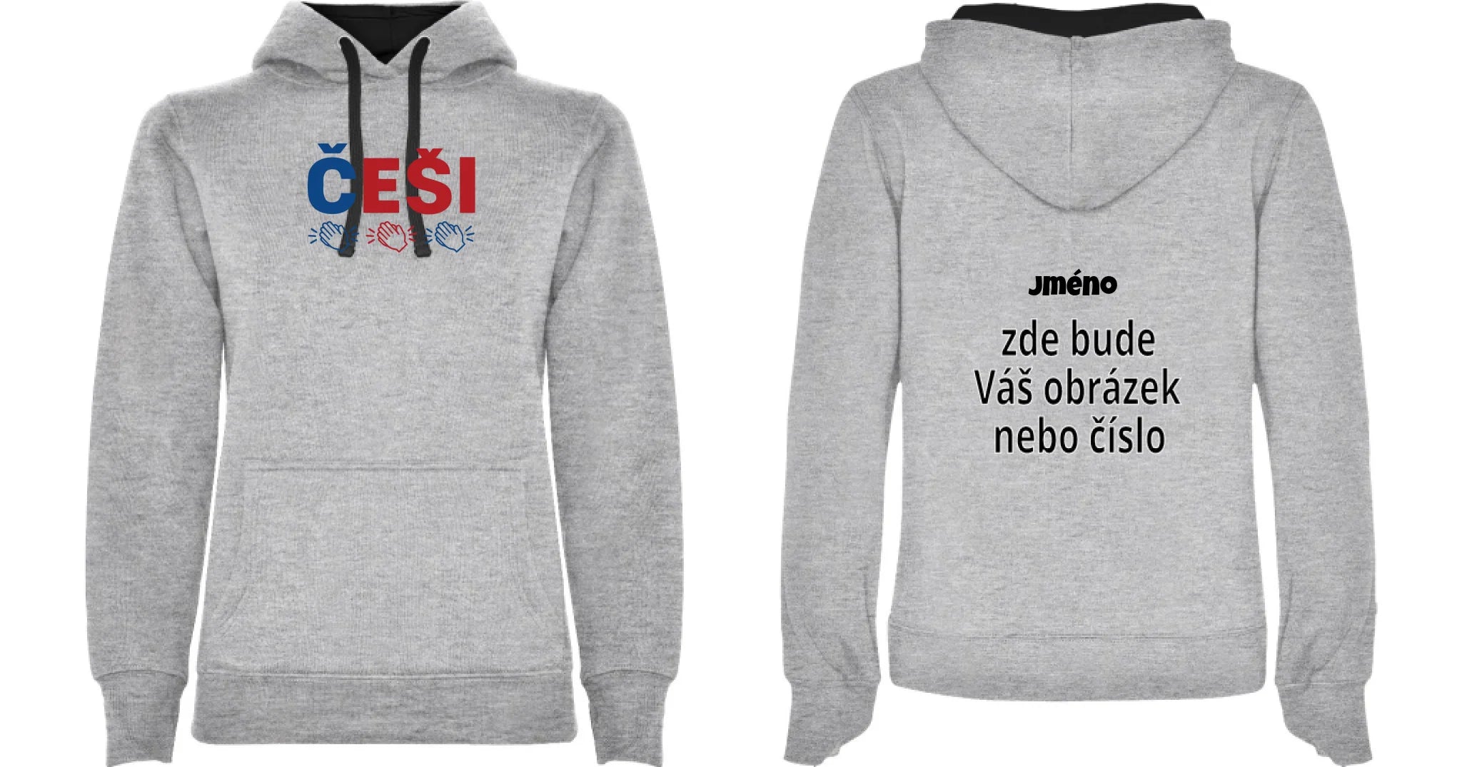 DÁMSKÁ MIKINA S KAPUCÍ KDO NESKÁČE NENÍ ČECH s možností dotisku jména, čísla, obrázku motiv dopředu a vlastní potisk na záda Melír černá