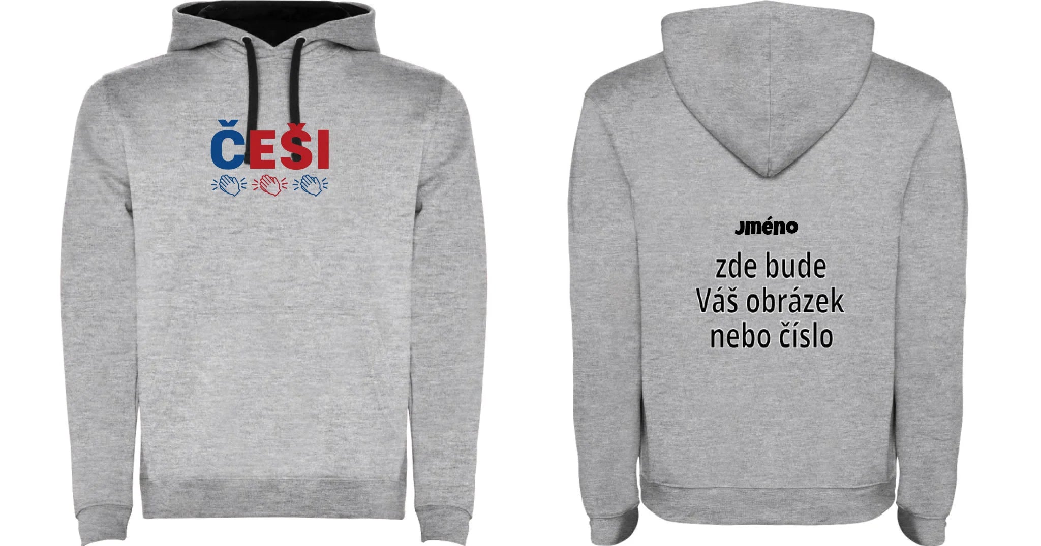 DĚTSKÁ MIKINA S KAPUCÍ KDO NESKÁČE NENÍ ČECH s možností dotisku jména, čísla, obrázku motiv dopředu, na záda vlastní potisk Melír černá