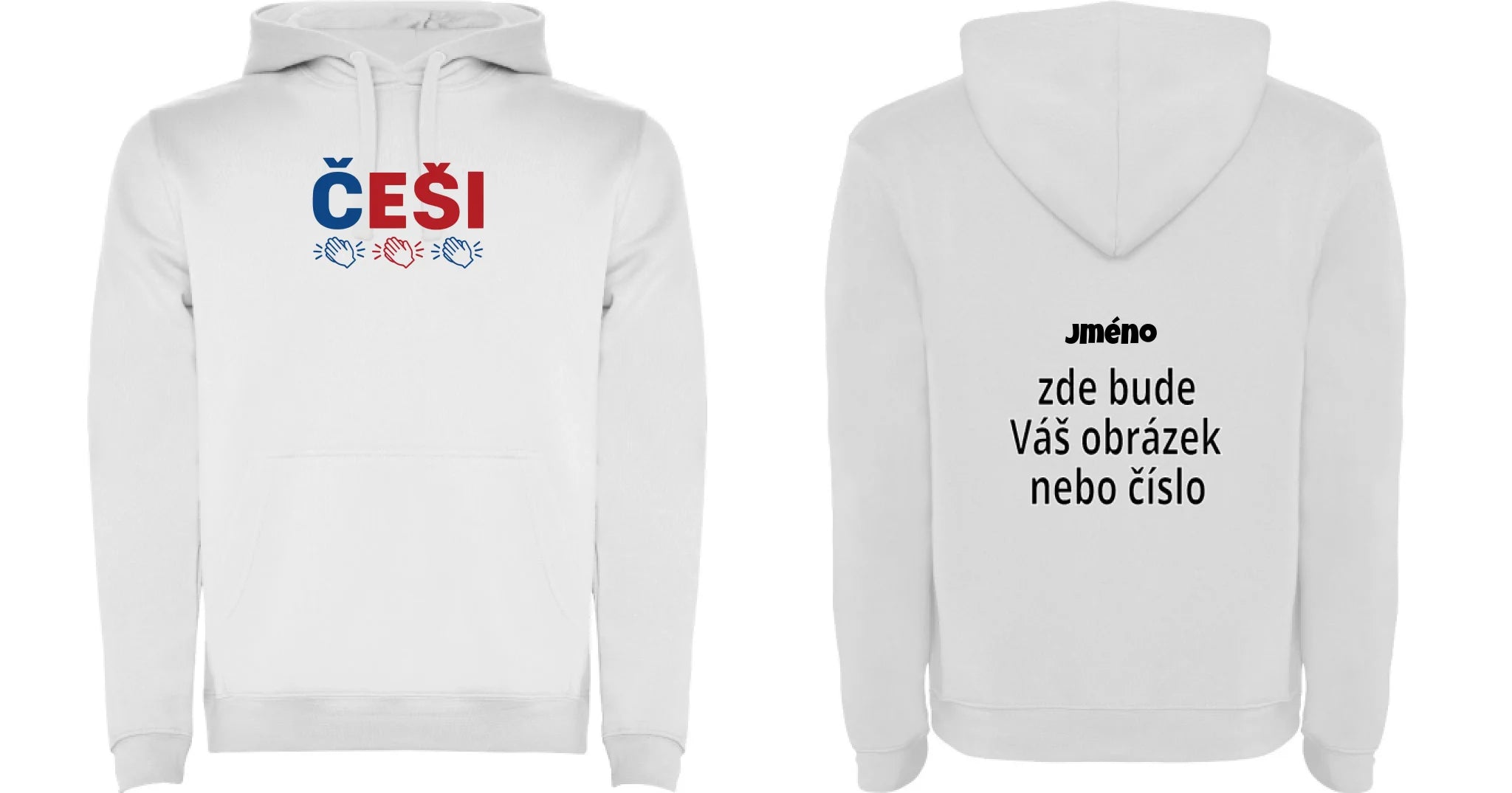 DĚTSKÁ MIKINA S KAPUCÍ KDO NESKÁČE NENÍ ČECH s možností dotisku jména, čísla, obrázku motiv dopředu, na záda vlastní potisk
