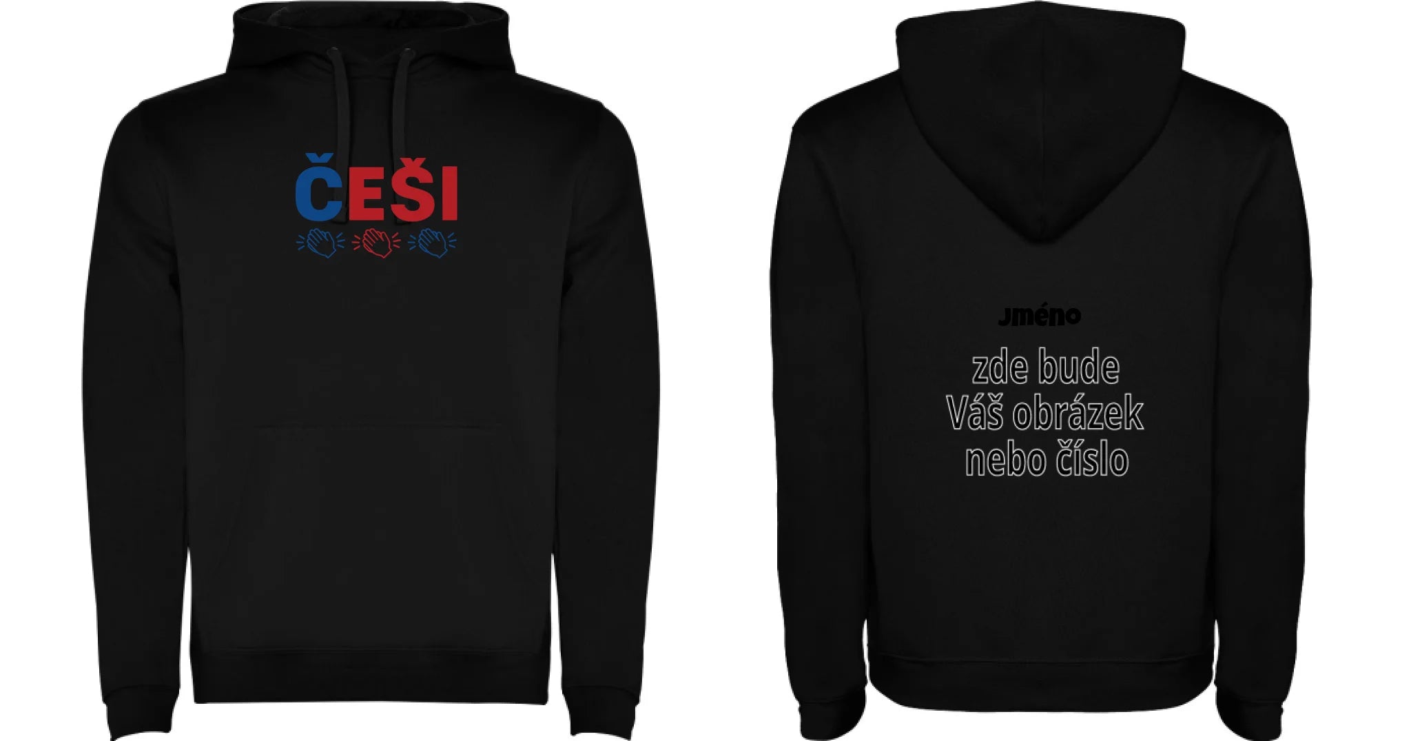 DĚTSKÁ MIKINA S KAPUCÍ KDO NESKÁČE NENÍ ČECH s možností dotisku jména, čísla, obrázku motiv dopředu, na záda vlastní potisk Černá