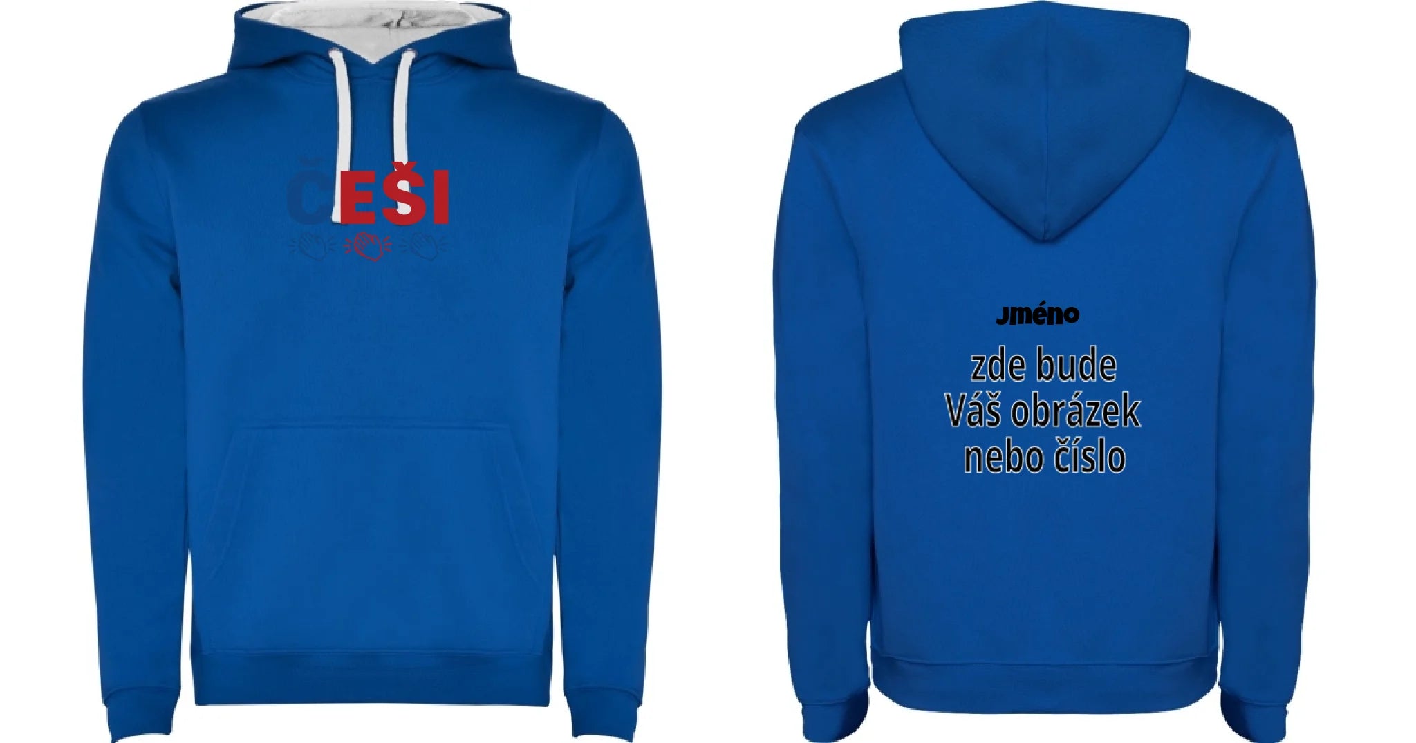 DĚTSKÁ MIKINA S KAPUCÍ KDO NESKÁČE NENÍ ČECH s možností dotisku jména, čísla, obrázku motiv dopředu, na záda vlastní potisk Modrá bílá